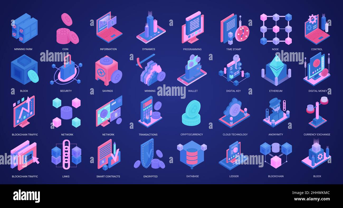 Blockchain crypto currency isometric vector illustration set. 3d icons ...