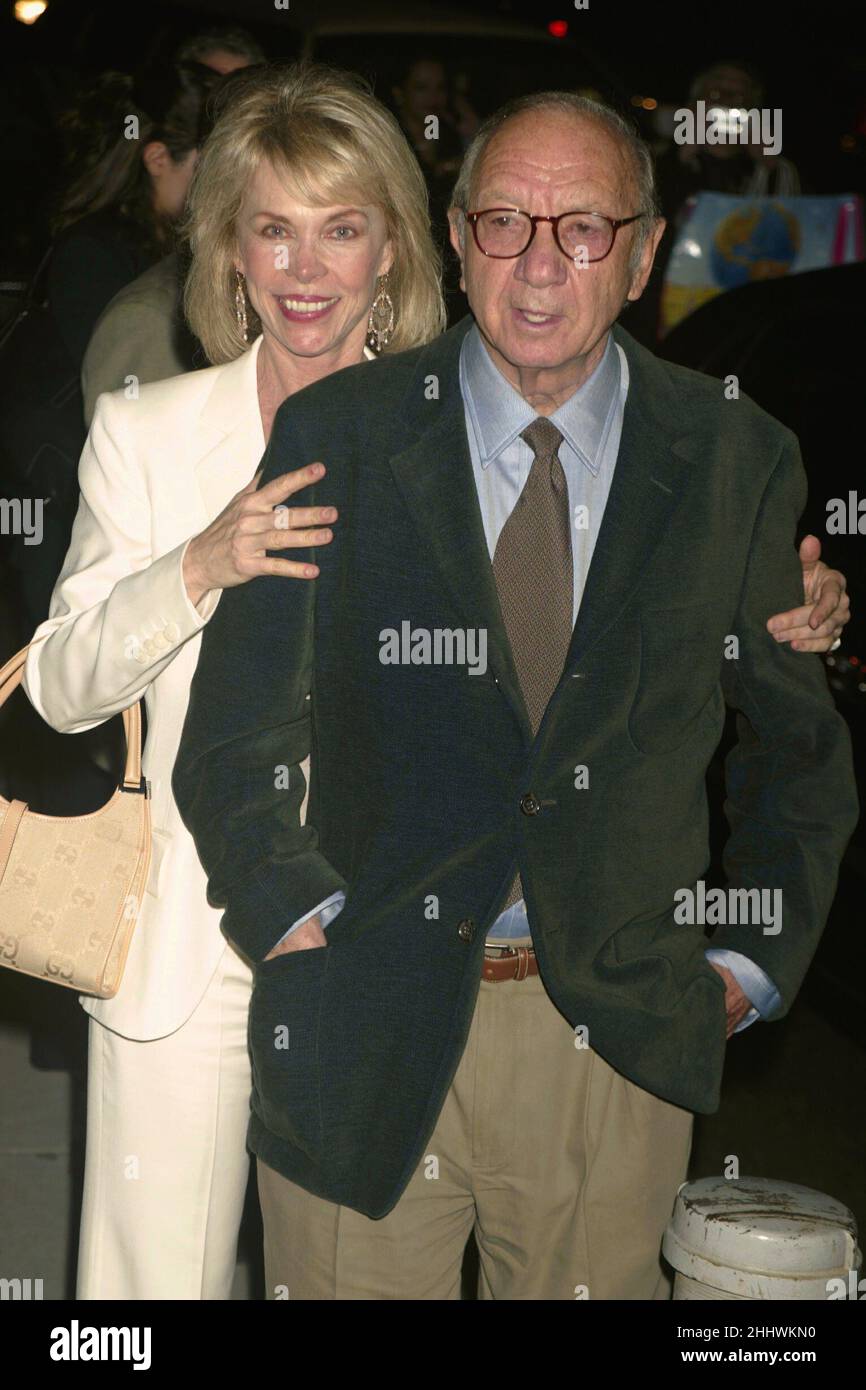 Neil Simon and wife Elaine Joyce attend the opening night party for 'Gypsy' at Gustavino's in New York City on May 1, 2003.  Photo Credit: Henry McGee/MediaPunch Stock Photo