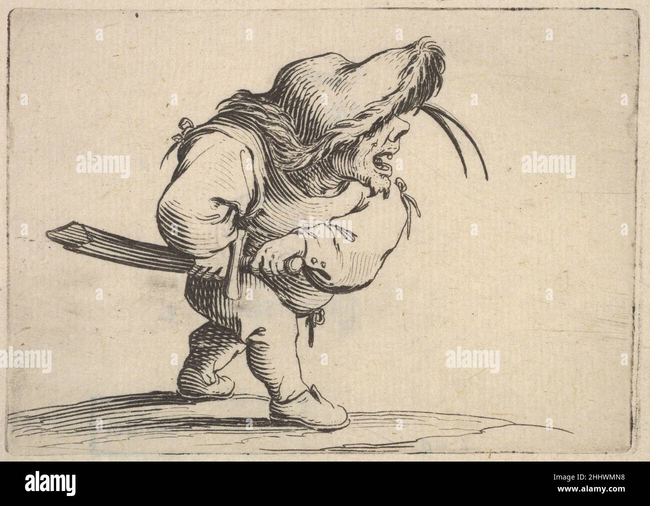 Small male figure stopping to draw his sword, in profile view with open mouth and left foot positioned forward, from the series 'Varie figure gobbi' ca. 1621–25 Jacques Callot French. Small male figure stopping to draw his sword, in profile view with open mouth and left foot positioned forward, from the series 'Varie figure gobbi'  409923 Stock Photo