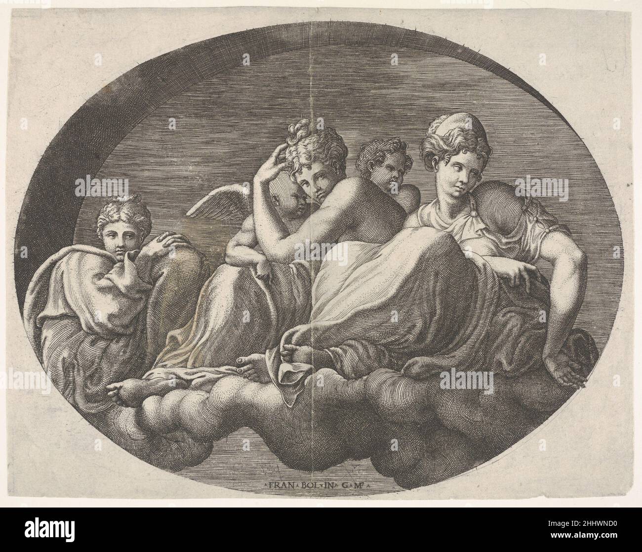 Venus and Cupid and two other goddesses seated on a cloud under an arch ...