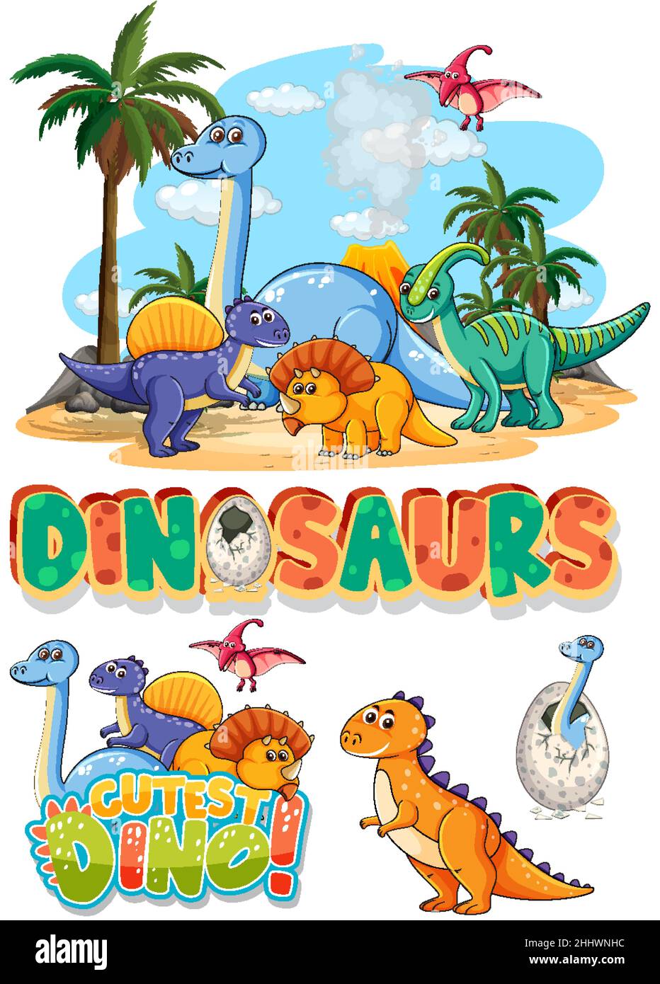 Set of cute dinosaurus cartoon characters illustration Stock Vector ...