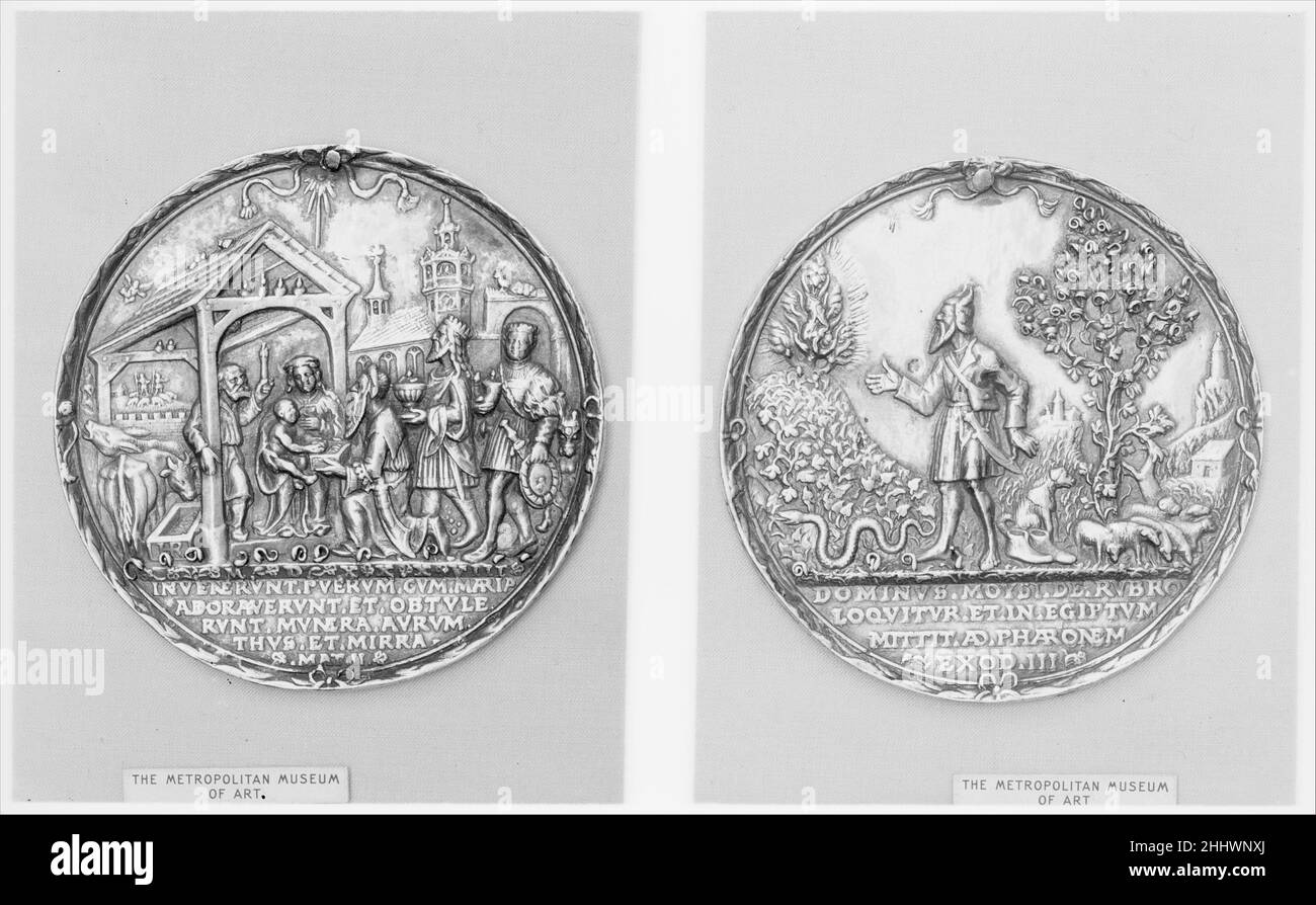 Moses and the Burning Bush and the Coming of the Three Kings 1538 Medalist: Hans Reinhart the Elder German. Moses and the Burning Bush and the Coming of the Three Kings. Medalist: Hans Reinhart the Elder (German, Dresden ca. 1510–1581 Leipzig). German. 1538. Silver gilt. Medals and Plaquettes Stock Photo