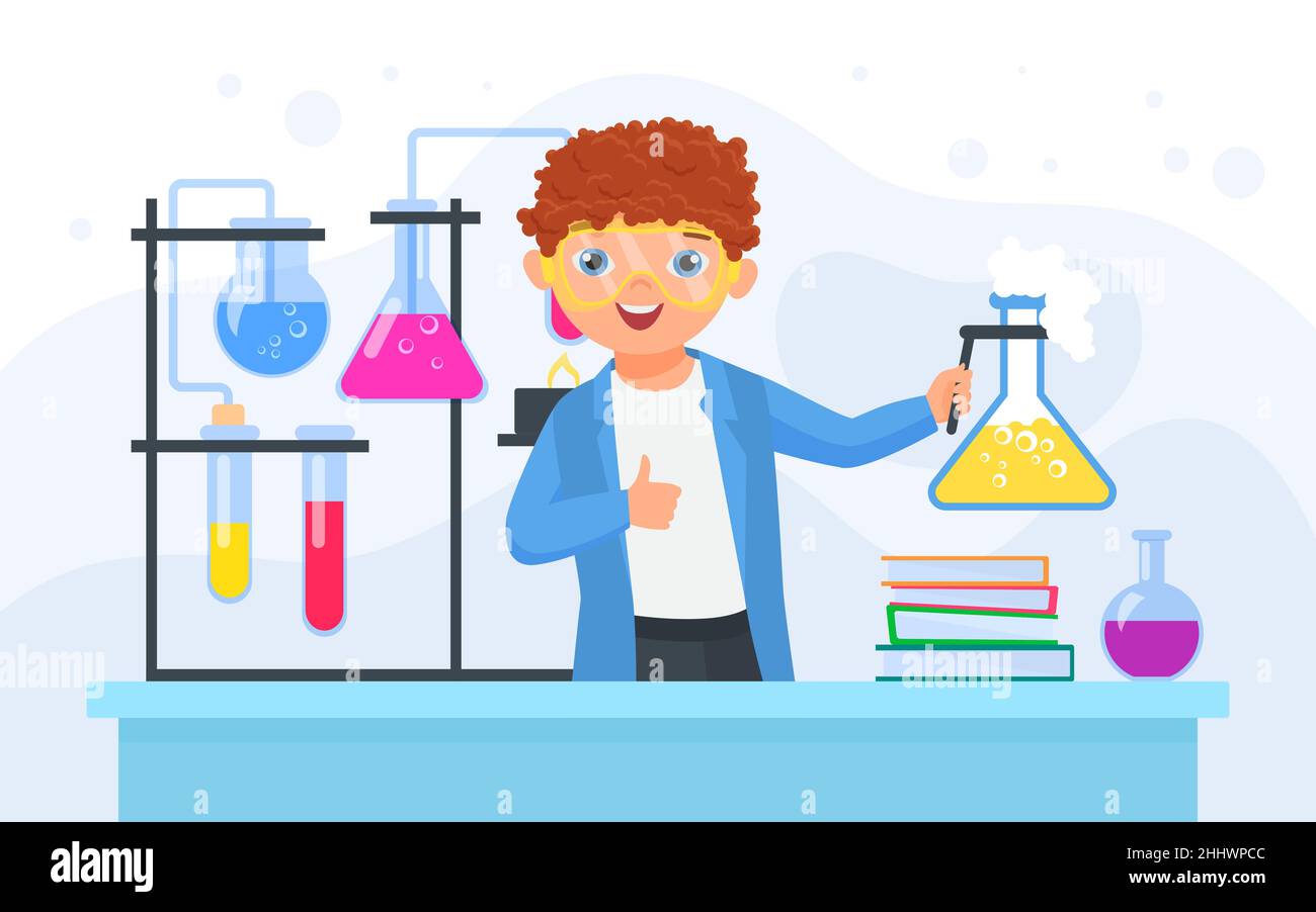 Child scientist and scientific chemical experiment vector illustration. Cartoon happy kid boy chemist character holding flask in laboratory, chemistry Stock Vector