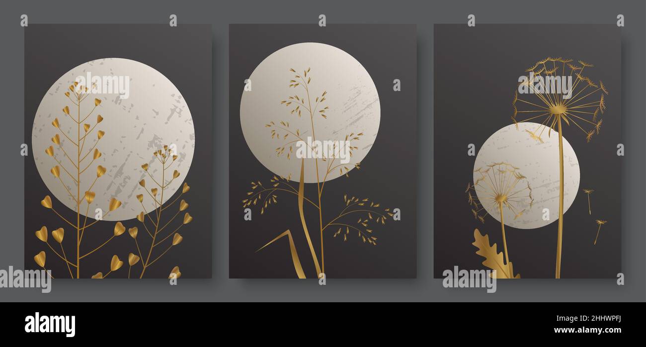 Night landscape with full moon and golden meadow grass vector illustration set. Minimal summer luxury abstract gold foliage in vertical floral modern Stock Vector