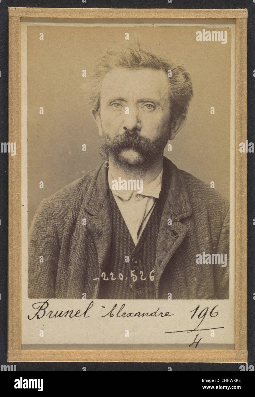 Bordes. Guillaume, Auguste. 40 ans, né à Centrayes (Aveyron). Tailleur. Pas de motif. 29/2/94. 1894 Alphonse Bertillon Born into a distinguished family of scientists and statisticians, Bertillon began his career as a clerk in the Identification Bureau of the Paris Prefecture of Police in 1879. Tasked with maintaining reliable police records of offenders, he developed the first modern system of criminal identification. The system, which became known as Bertillonage, had three components: anthropometric measurement, precise verbal description of the prisoner’s physical characteristics, and stand Stock Photo