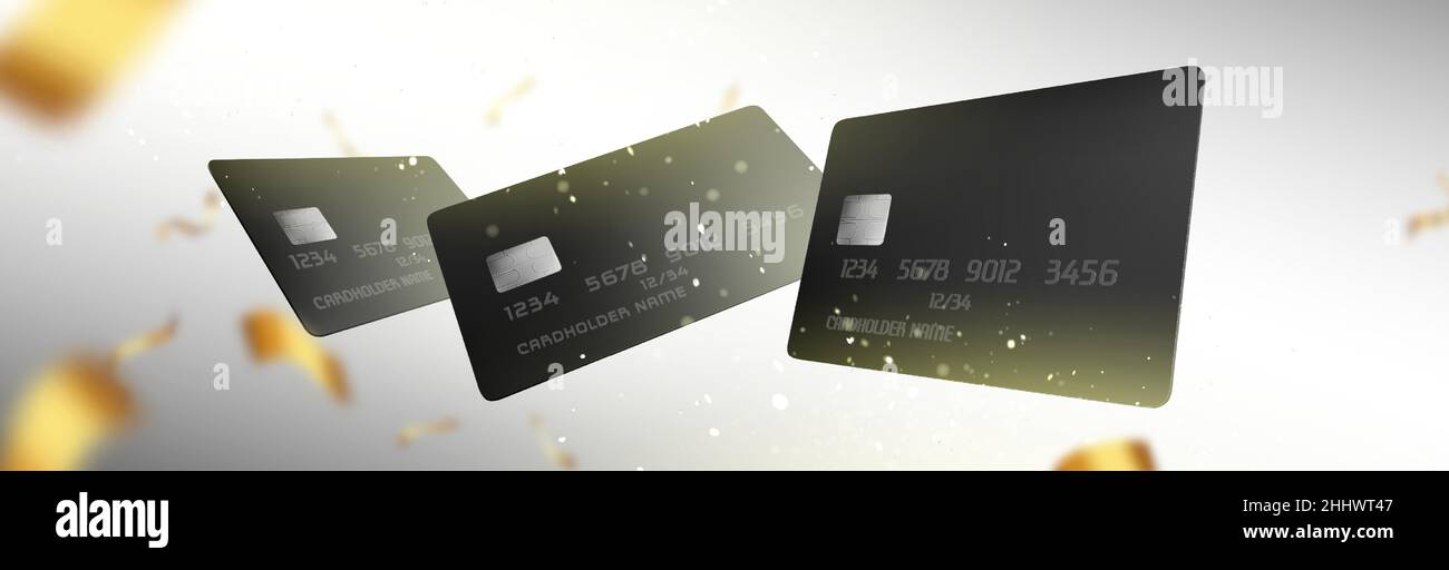 Black plastic credit cards falling with gold ribbons. Vector realistic ...