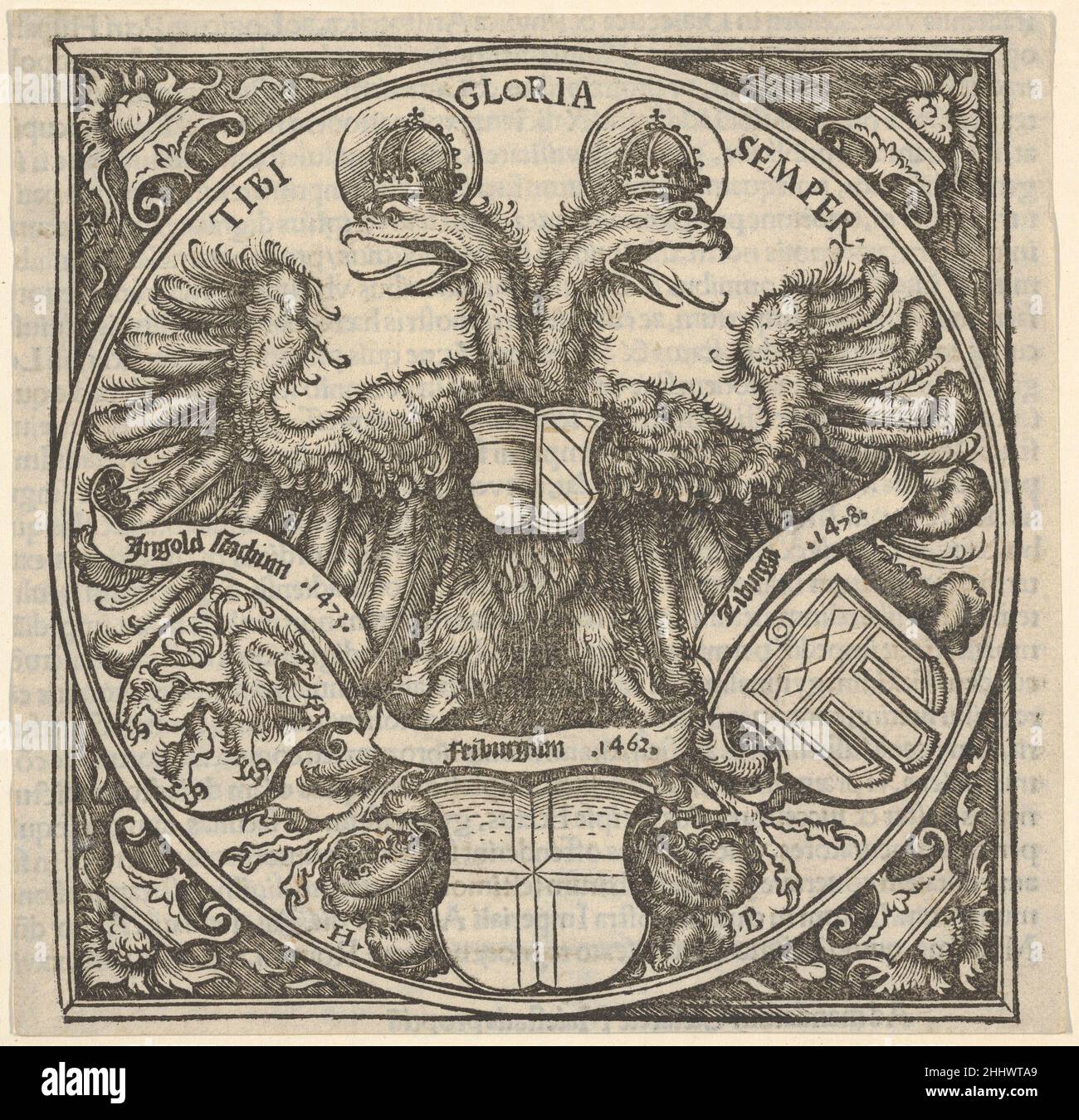 Imperial Double Eagle with the Coat of Arms of Ingolstadt, Freiburg, and Tübingen, from Joan. Eckii Theologi in summulas Petri Hispani extemporaria et succincta atque succosa explanatio p[ro] sup[er] ioris Germaniae scholasticis 1516 Hans Burgkmair German Double-headed eagle with three coat of arms below for the university-towns of Ingolstadt, Feiburg, and Tübingen. This impression comes from the title-page of Johann Eck's 'Joan. Eckii Theologi in summulas Petri Hispani extemporaria et succincta atque succosa explanatio p[ro] sup[er] ioris Germaniae scholasticis,' published by Johann Miller in Stock Photo