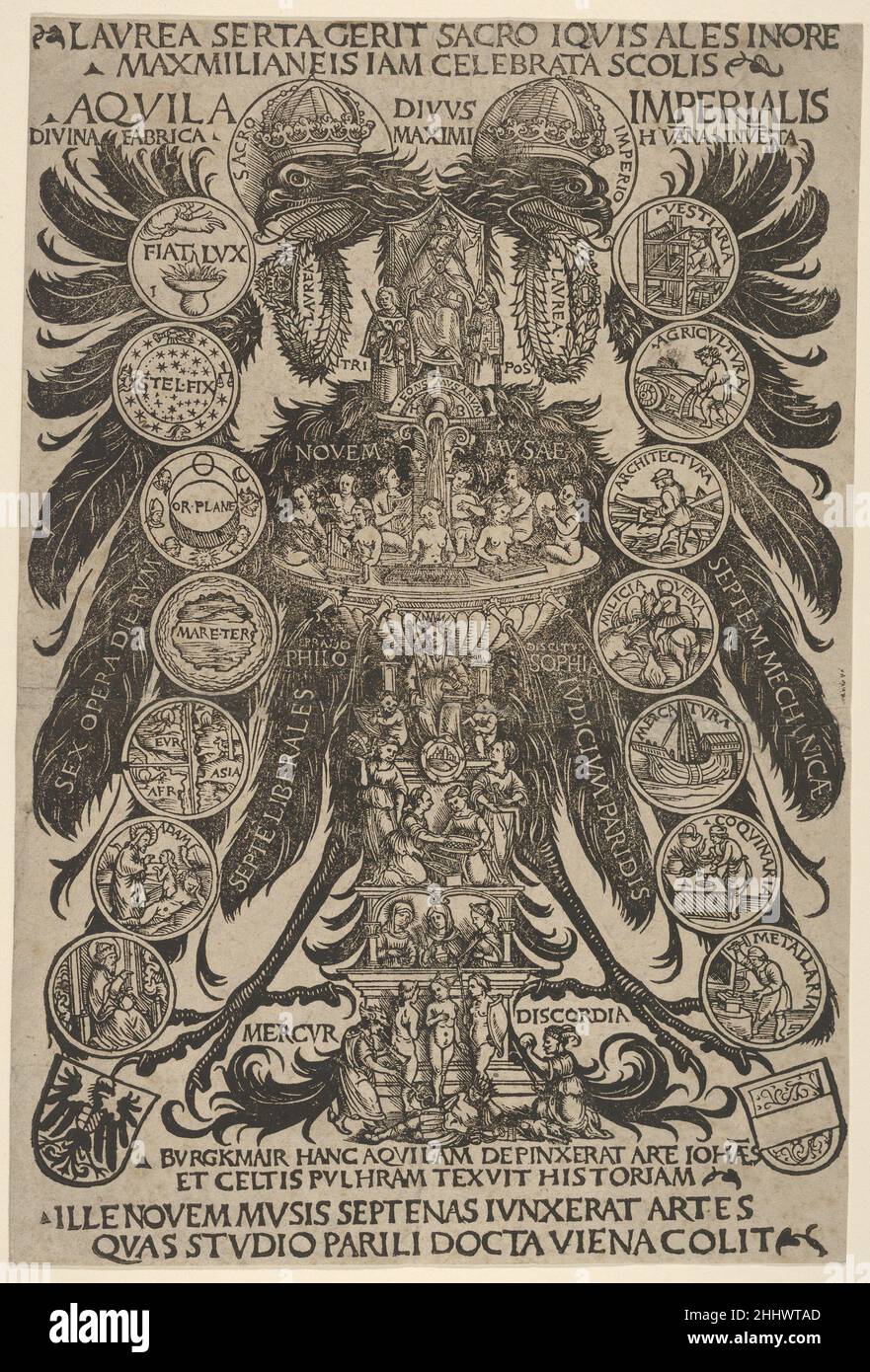 The Imperial Eagle (Aquila Imperialis) 1507 Hans Burgkmair German Crowned double-headed eagle, with a series of seven roundels descending at each side (at left, the six days of creation; at right, the seven mechanical arts). Below these are the escutcheons of the Empire (left) and Austria (right). At center, a fountain topped with Emperor Maximilian I on a throne, the nine muses in the basin at center, and Philosophia and the Seven Liberal Arts above the Judgment of Paris on the base. At top and bottom, excerpts of text by Conrad Celtis.. The Imperial Eagle (Aquila Imperialis)  431412 Stock Photo