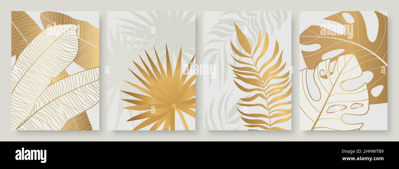 Tropical golden leaves vector illustration set. Exotic luxury abstract ...
