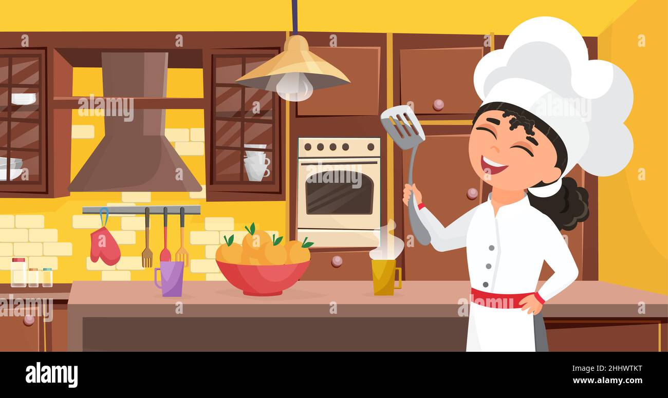 Kids chef cook food vector illustration. Cartoon happy cute child character in chef cooker hat and apron cooking dinner meal in kitchen home interior Stock Vector Image & Art - Alamy Kids chef cook food vector illustration. Cartoon happy cute child character in chef cooker hat and apron cooking dinner meal in kitchen home interior Stock Vector Image & Art - Alamy