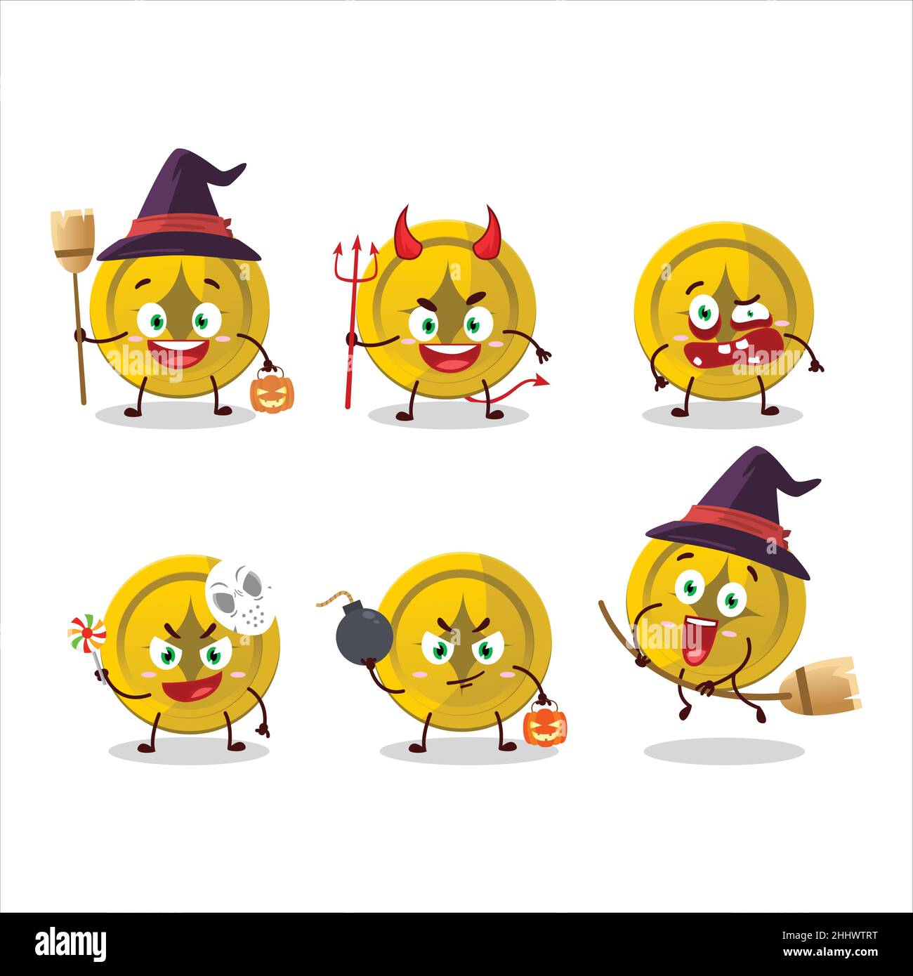 Halloween expression emoticons with cartoon character of gold coin ...