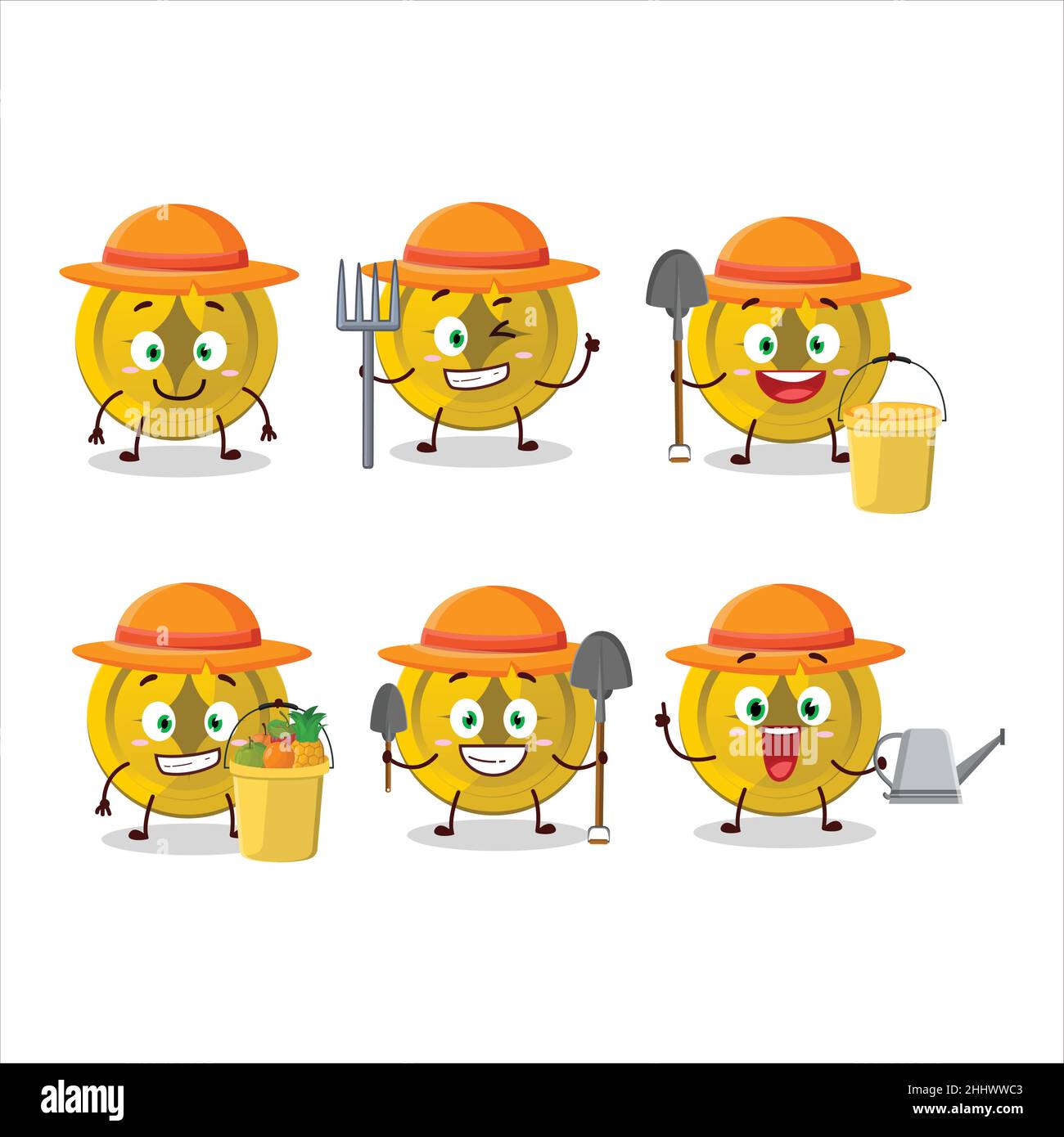 Farmer gold coin cute mascot character with fork. Vector illustration ...