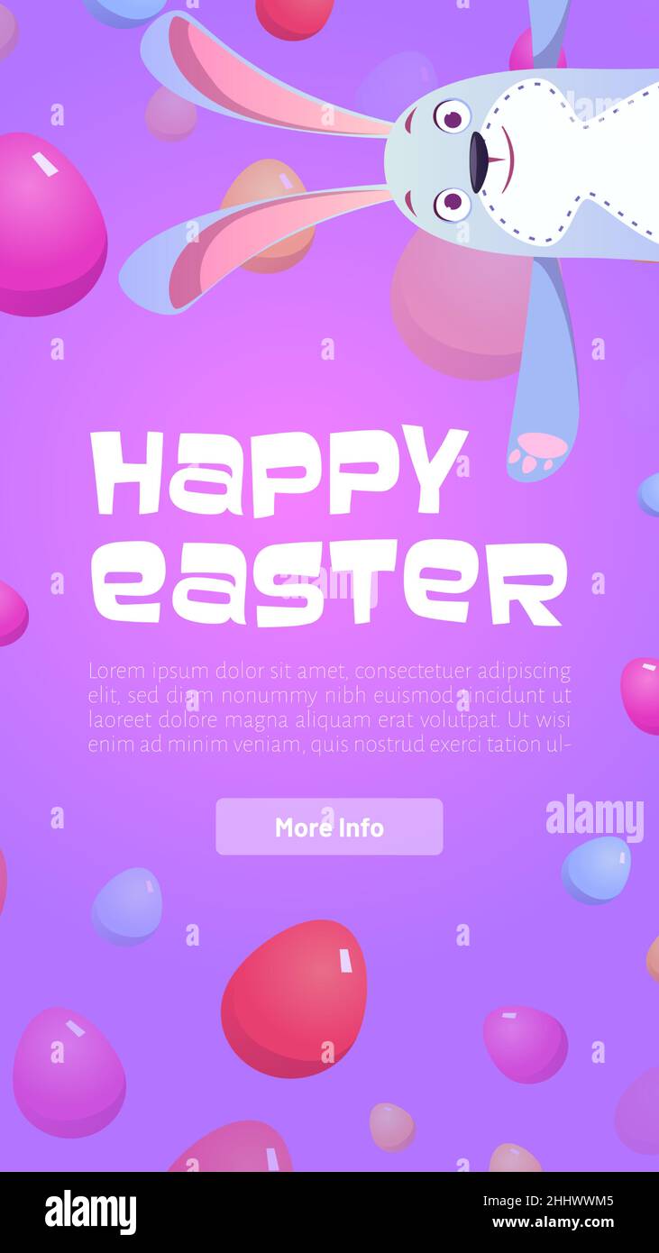 Happy Easter poster with eggs and cute bunny. Vector banner of spring ...