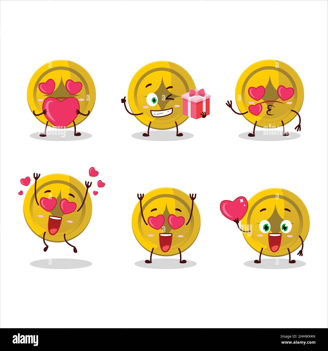 Gold coin cartoon character with love cute emoticon. Vector ...