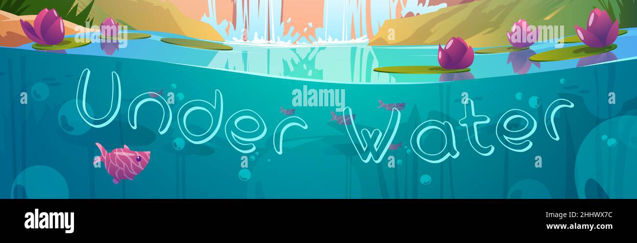 Under water background, cartoon banner with pond, air bubbles, fish and nenuphar flowers floating at sunlight beams cross section view, underwater scene for game or book, Vector illustration Stock Vector