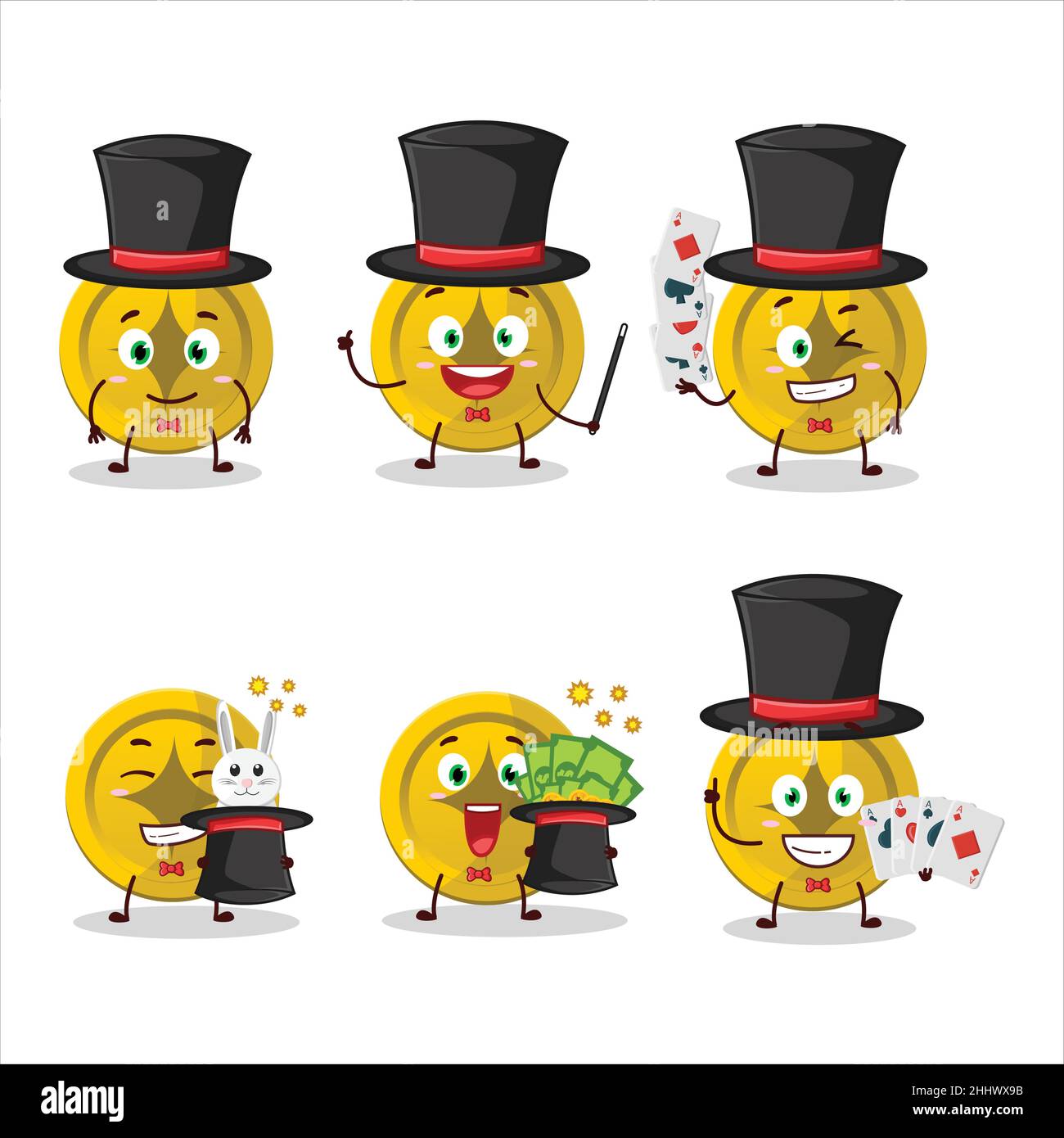A gold coin Magician cartoon character perform on a stage. Vector ...