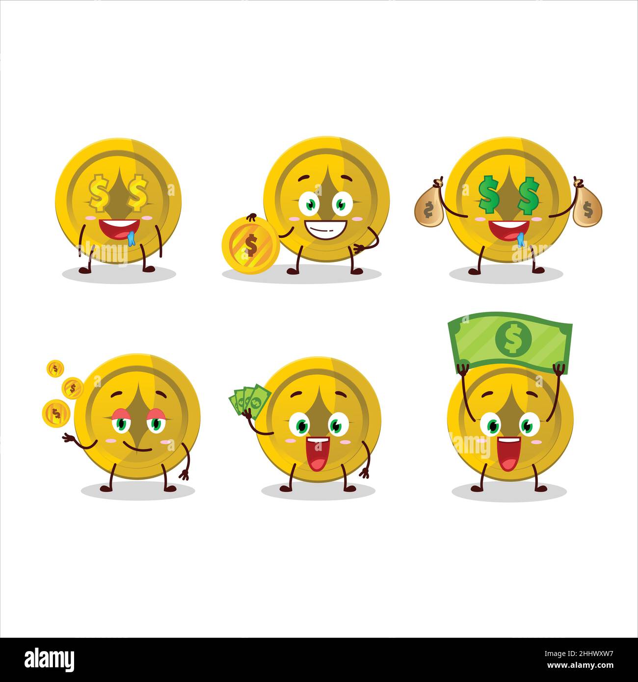 Gold coin cartoon character with cute emoticon bring money. Vector ...
