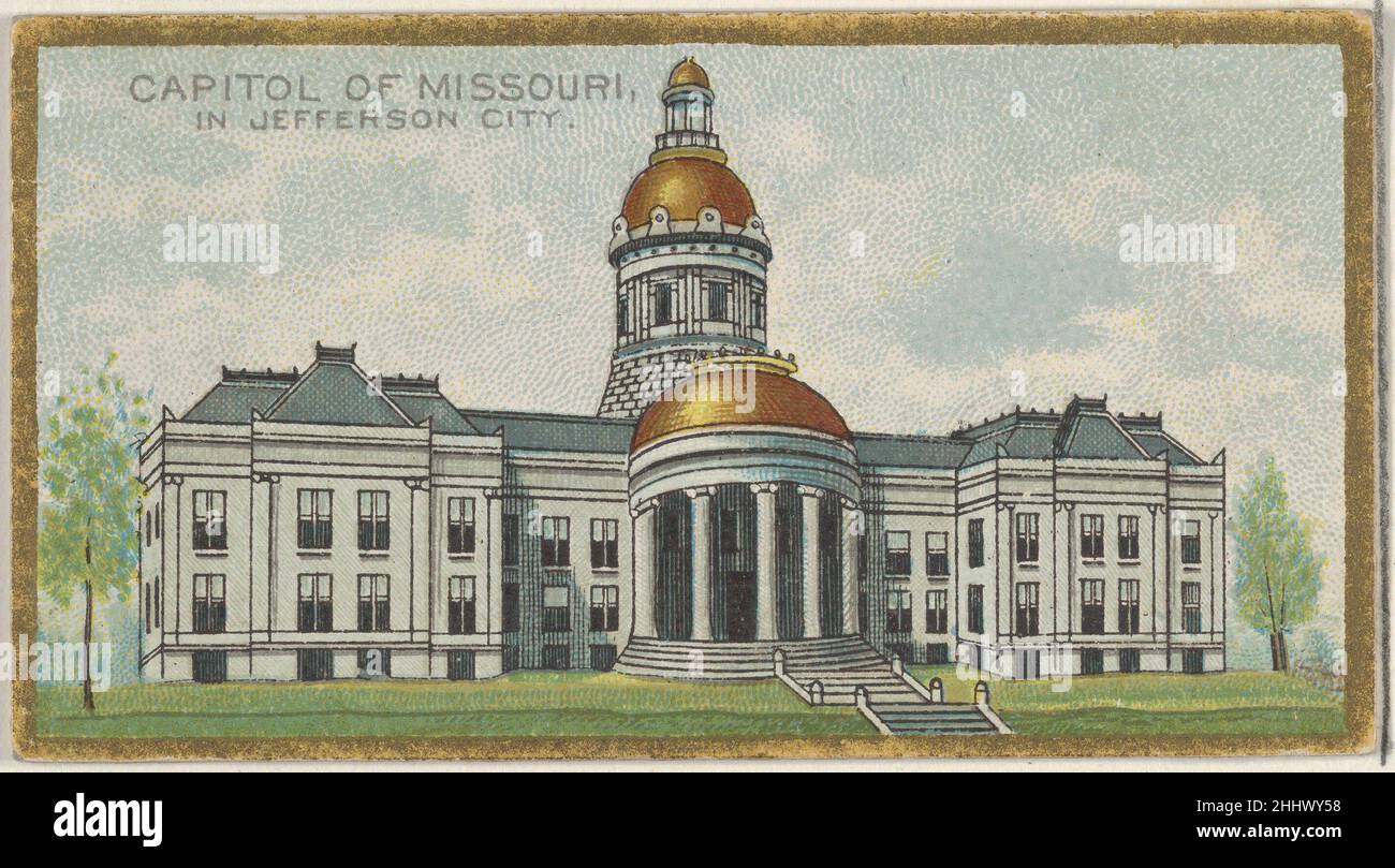 Capitol of Missouri in Jefferson City, from the General Government and State Capitol Buildings series (N14) for Allen & Ginter Cigarettes Brands 1889 Issued by Allen & Ginter American Trade cards from the 'General Government and State Capitol Buildings' series (N14), issued in 1889 in a set of 50 cards to promote Allen & Ginter brand cigarettes.. Capitol of Missouri in Jefferson City, from the General Government and State Capitol Buildings series (N14) for Allen & Ginter Cigarettes Brands  408042 Stock Photo