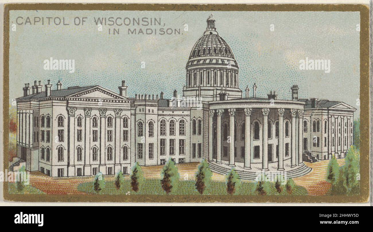 Capitol of Wisconsin in Madison, from the General Government and State Capitol Buildings series (N14) for Allen & Ginter Cigarettes Brands 1889 Issued by Allen & Ginter American Trade cards from the 'General Government and State Capitol Buildings' series (N14), issued in 1889 in a set of 50 cards to promote Allen & Ginter brand cigarettes.. Capitol of Wisconsin in Madison, from the General Government and State Capitol Buildings series (N14) for Allen & Ginter Cigarettes Brands  408044 Stock Photo