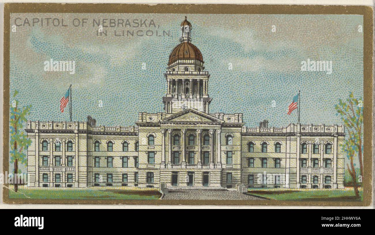 Capitol of Nebraska in Lincoln, from the General Government and State Capitol Buildings series (N14) for Allen & Ginter Cigarettes Brands 1889 Issued by Allen & Ginter American Trade cards from the 'General Government and State Capitol Buildings' series (N14), issued in 1889 in a set of 50 cards to promote Allen & Ginter brand cigarettes.. Capitol of Nebraska in Lincoln, from the General Government and State Capitol Buildings series (N14) for Allen & Ginter Cigarettes Brands  408050 Stock Photo
