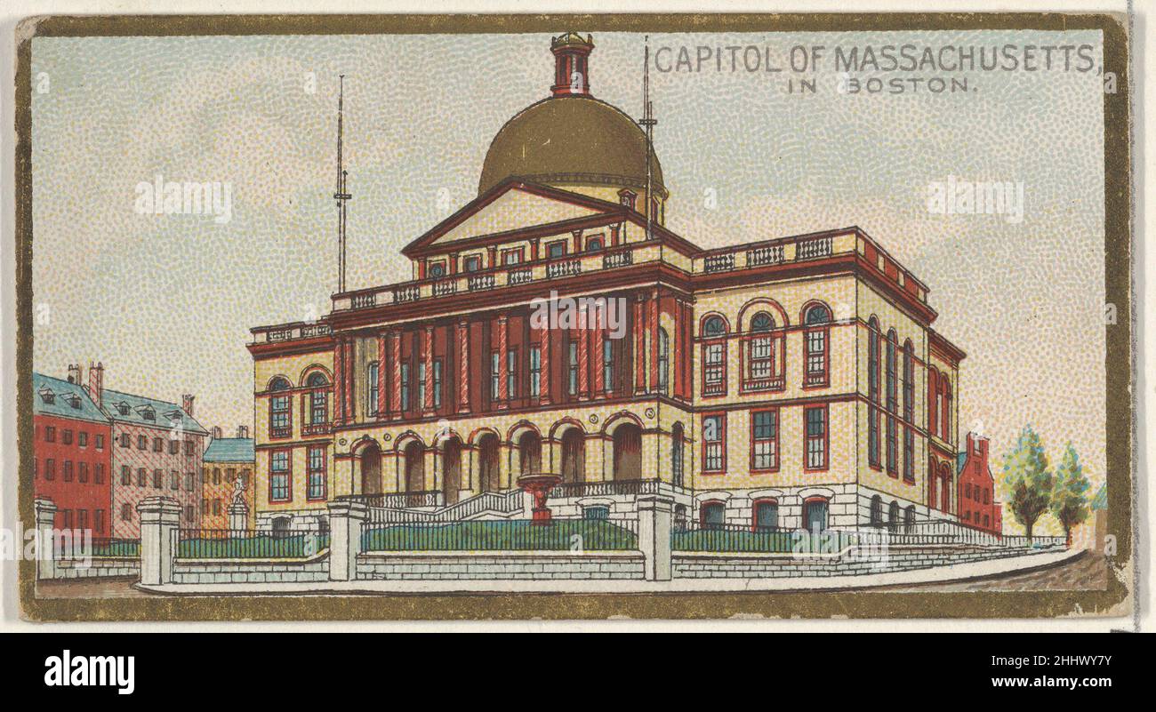 Capitol of Massachusetts in Boston, from the General Government and State Capitol Buildings series (N14) for Allen & Ginter Cigarettes Brands 1889 Issued by Allen & Ginter American Trade cards from the 'General Government and State Capitol Buildings' series (N14), issued in 1889 in a set of 50 cards to promote Allen & Ginter brand cigarettes.. Capitol of Massachusetts in Boston, from the General Government and State Capitol Buildings series (N14) for Allen & Ginter Cigarettes Brands  408006 Stock Photo