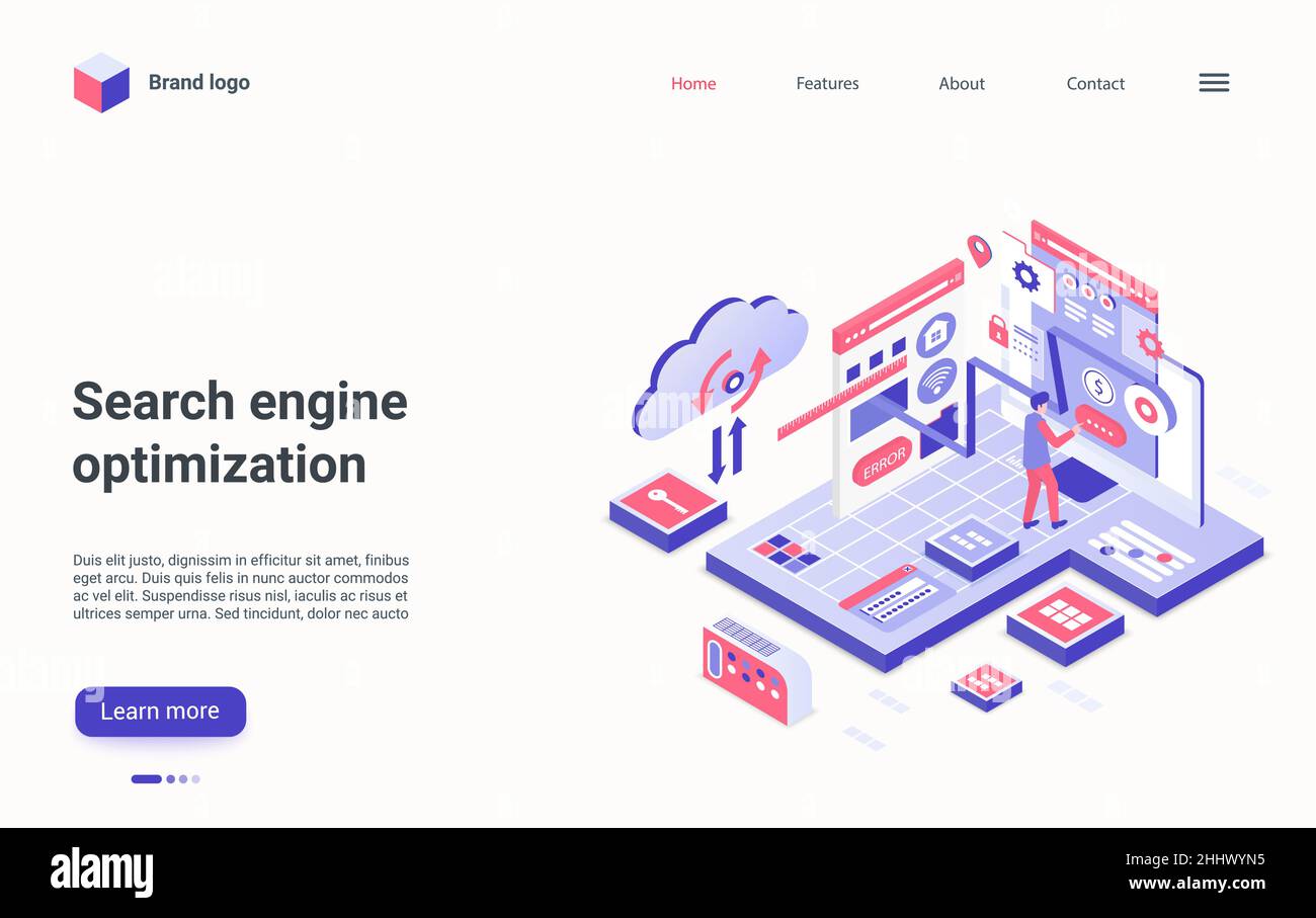 Search engine optimization technology isometric vector illustration. Cartoon 3d developer analyst man character working on seo analytics research, opt Stock Vector