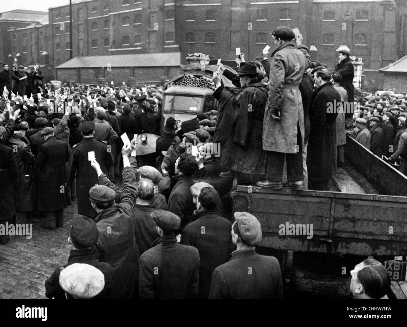 Dock workers strike 1951. Meeting at West India docks, London.9th ...