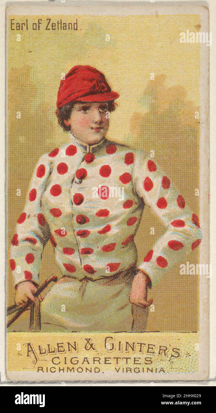 Earl of Zetland, from the Racing Colors of the World series (N22a) for Allen & Ginter Cigarettes 1888 Allen & Ginter American Trade cards from the 'Racing Colors of the World' series (N22a), issued in 1888 in a set of 50 cards to promote Allen & Ginter brand cigarettes. The series was published in two variations. N22a includes a white edge around the perimeter of each card and N22b does not.. Earl of Zetland, from the Racing Colors of the World series (N22a) for Allen & Ginter Cigarettes  409346 Stock Photo
