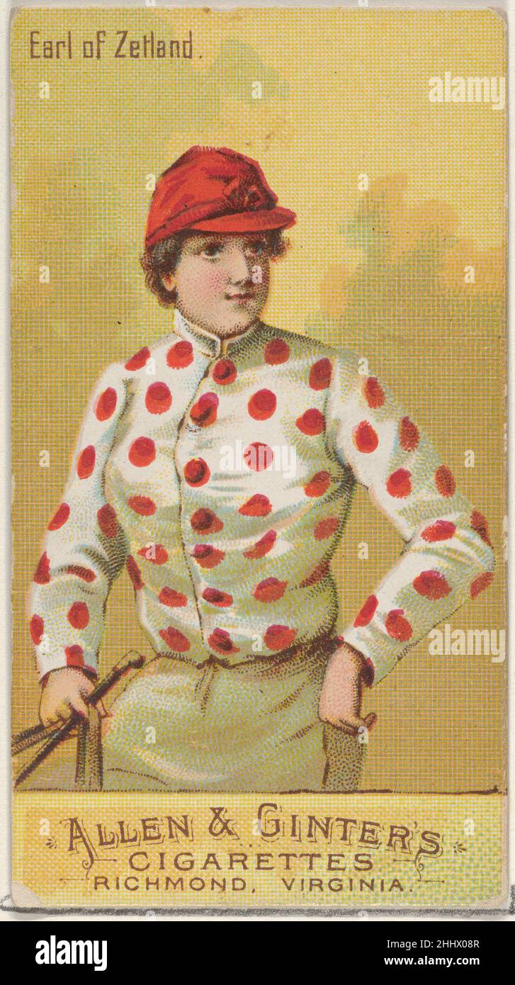 Earl of Zetland, from the Racing Colors of the World series (N22b) for Allen & Ginter Cigarettes 1888 Allen & Ginter American Trade cards from the 'Racing Colors of the World' series (N22b), issued in 1888 in a set of 50 cards to promote Allen & Ginter brand cigarettes. The series was published in two variations. N22a includes a white edge around the perimeter of each card and N22b does not.. Earl of Zetland, from the Racing Colors of the World series (N22b) for Allen & Ginter Cigarettes  409592 Stock Photo