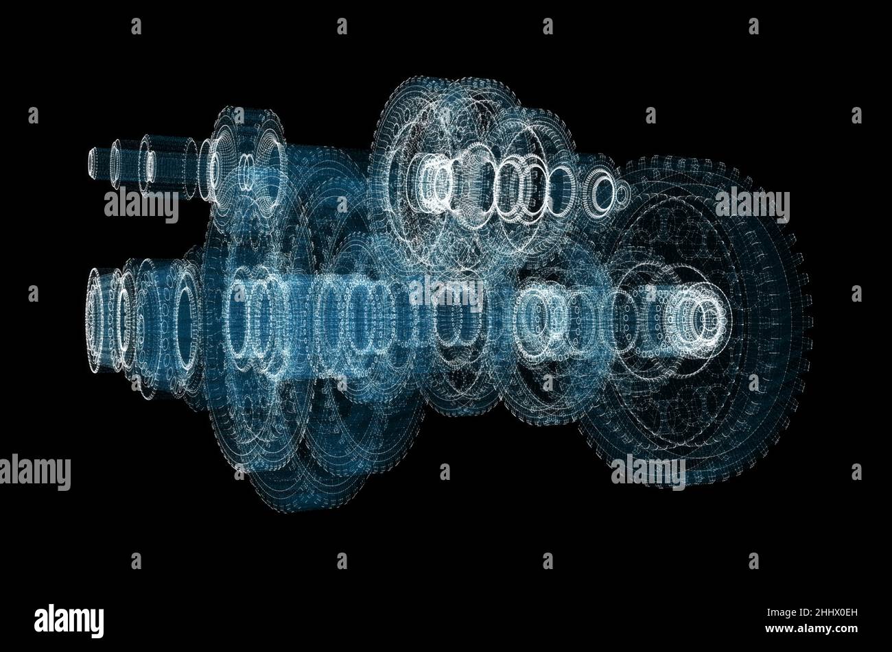 Digital Gearbox Hologram. Industrial and Technology Concept Stock Photo