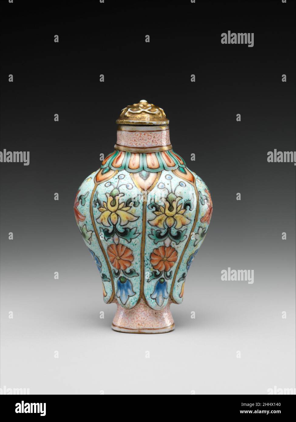 Snuff bottle in imitation of painted enamel metalwork China The eighteenth century witnessed numerous exciting innovations in Chinese ceramics. Artists produced molded or carved porcelain snuff bottles that imitated wares made of other materials, such as lacquer, wood, ivory, and, in this case, painted enamel on metalwork.. Snuff bottle in imitation of painted enamel metalwork  41333 Stock Photo