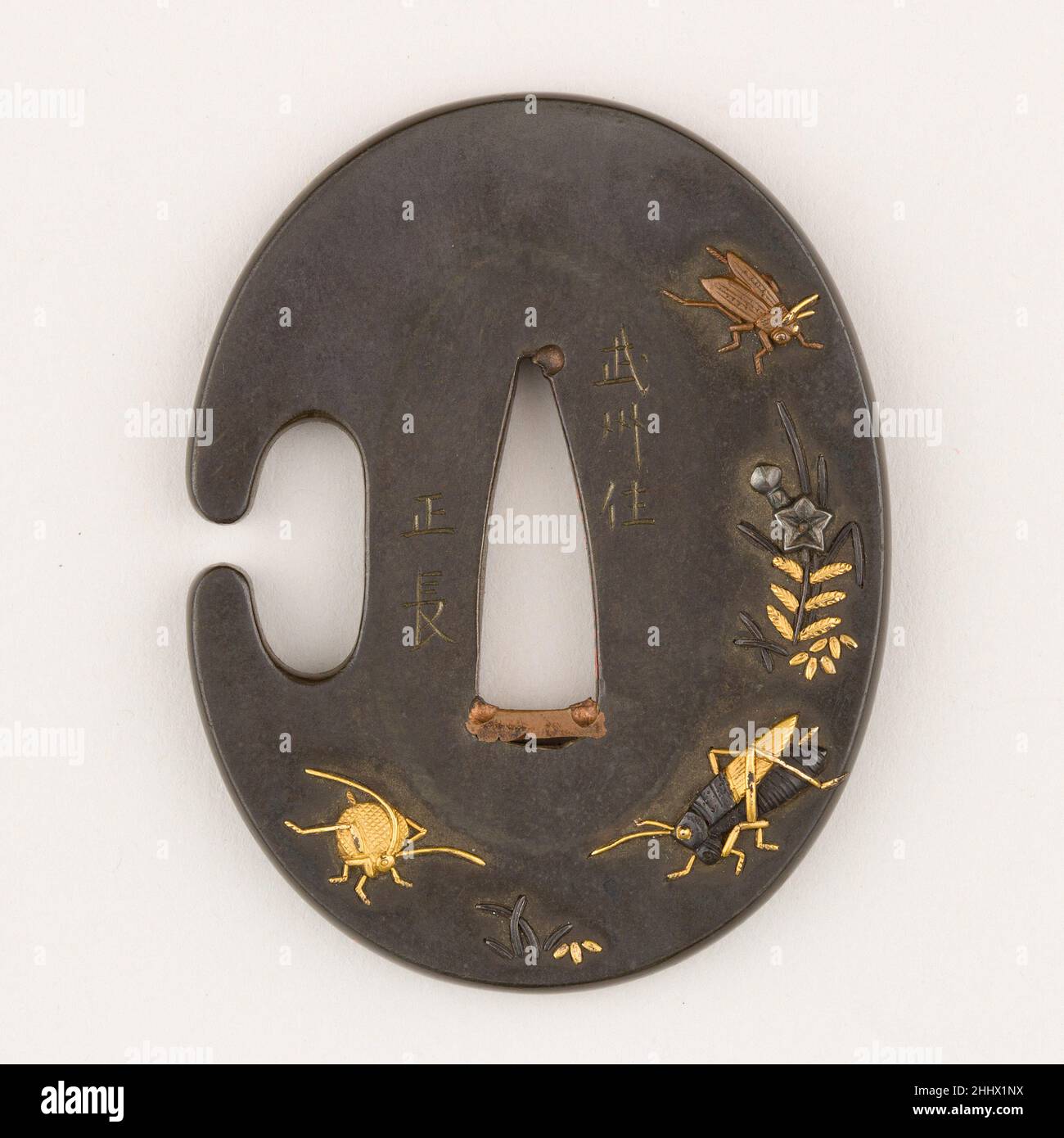Sword Guard (Tsuba) With the Motif of Insects and Autumnal Vegetation (秋草に虫図鐔) 18th century Japanese This small tantō-tsuba has a polished finish (migaki-ji) and shows in relief (takabori) on the obverse (omote) two crickets (one in gold and one in copper), a grasshopper (in gold and shakudō), and a Chinese bellflower which is one of the Seven Autumnal Flowers. The reverse (ura) is only sparsely decorated with plants towards the bottom left. Throughout the Edo period, there were several artists with the name Masanaga active in Edo, i.e. Musashi province as stated in the signature. For example, Stock Photo