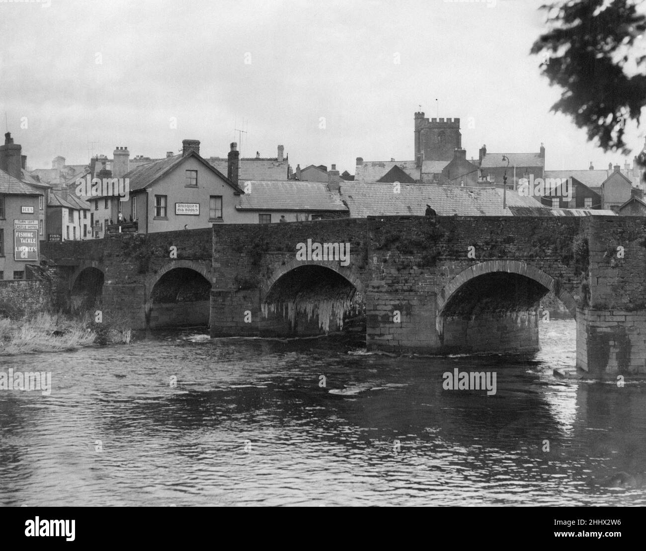 Llanfaes Bridge, standing over The River Usk in Brecon, a market town and community in Powys, Mid Wales, 24th February 1954. Stock Photo