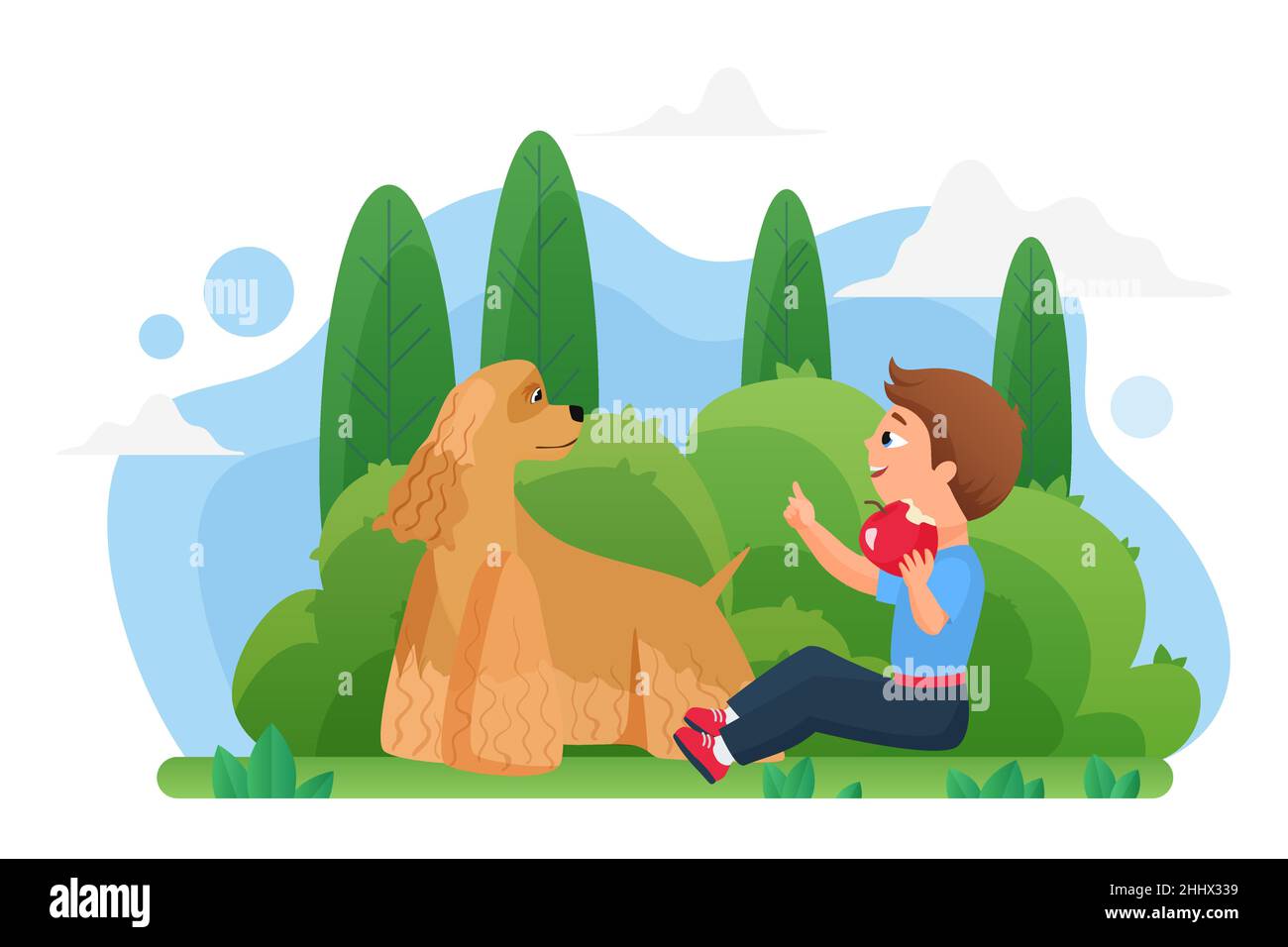 Little cute boy kid is happy and playing with dog in the park vector ...