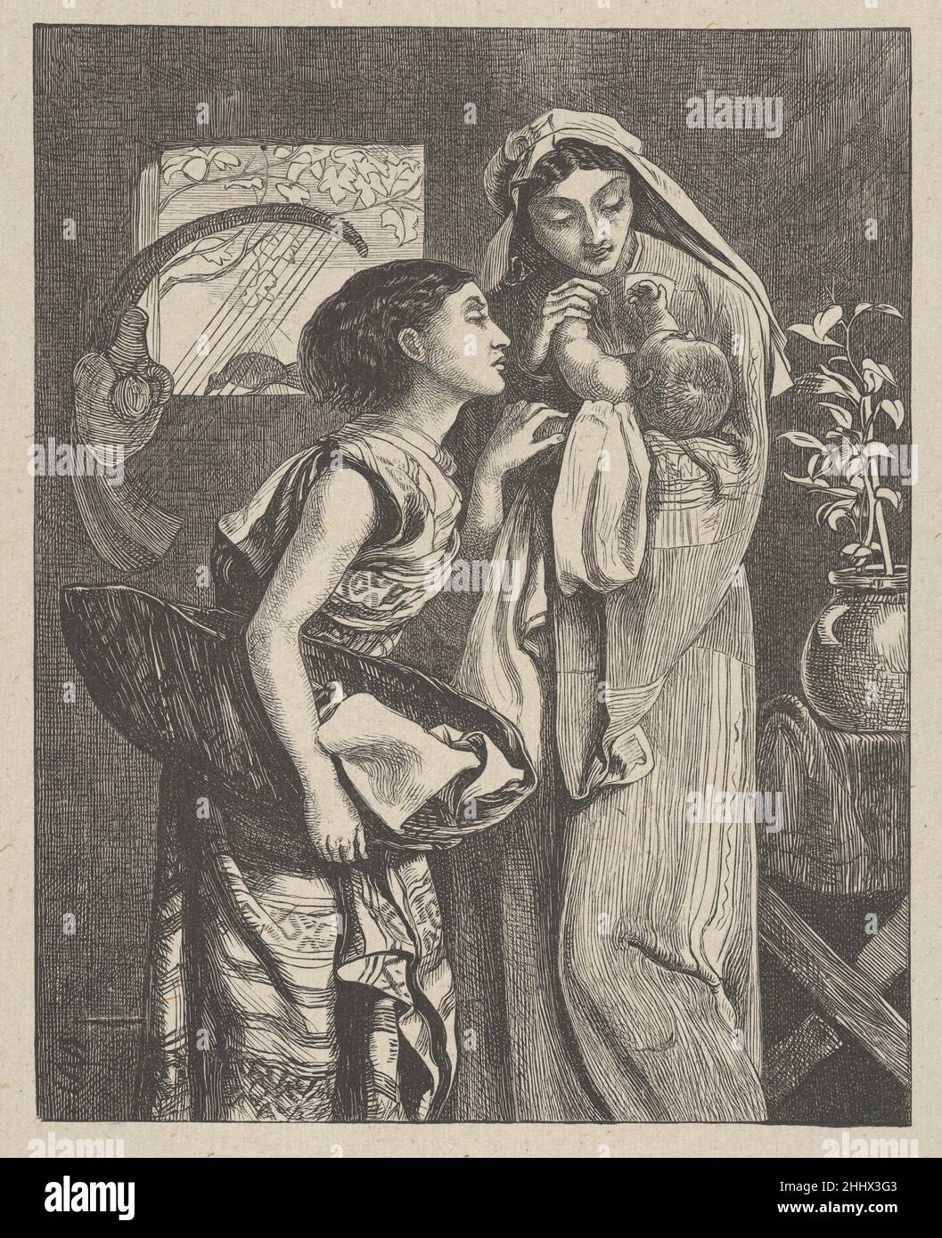 The Infant Moses 1863–81 After Simeon Solomon British This wood engraving is based on an oil titled 'Moses' that Solomon exhibited at the Royal Academy in 1860 (now Delaware Art Museum), when he was only nineteen. Part of the second generation of Pre-Raphaelites, and from a Jewish family, the artist's early subjects were inspired by the Hebrew Bible, and strove for ethnic and archaeological accuracy. The harp and pottery vessel hanging by the window, for example, derive from Assyrian carvings at the British Museum, and the features of both mother and sister were based on those of a relative, F Stock Photo