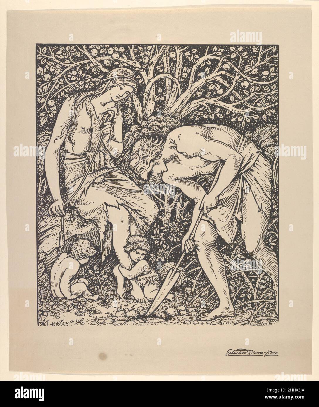 Adam and Eve (Labour: Whan Adam Delved and Eve Span, Who Was Then the Gentleman?) 1895 or later After Sir Edward Burne-Jones British Burne-Jones designed this composition to serve as a woodcut frontispiece for A Dream of John Ball (1888)—a socialist novel set during the English Peasants’ Revolt of 1381, written by his friend William Morris. In that context, the image of earth’s first family appears with a medieval couplet: 'When Adam delved and Eve span, who was then the gentleman?' The image was reconstituted as Labour for the Daily Chronicle in 1895, about the time this untitled photo-relief Stock Photo