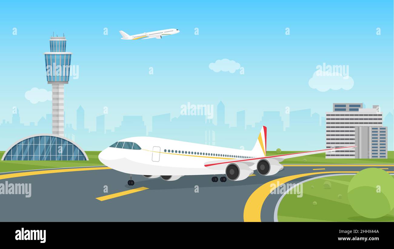 Airplane taking off from airport runway, passenger aircraft takeoff illustration. Cartoon landscape airport view with aeroplane on airfield, control t Stock Vector