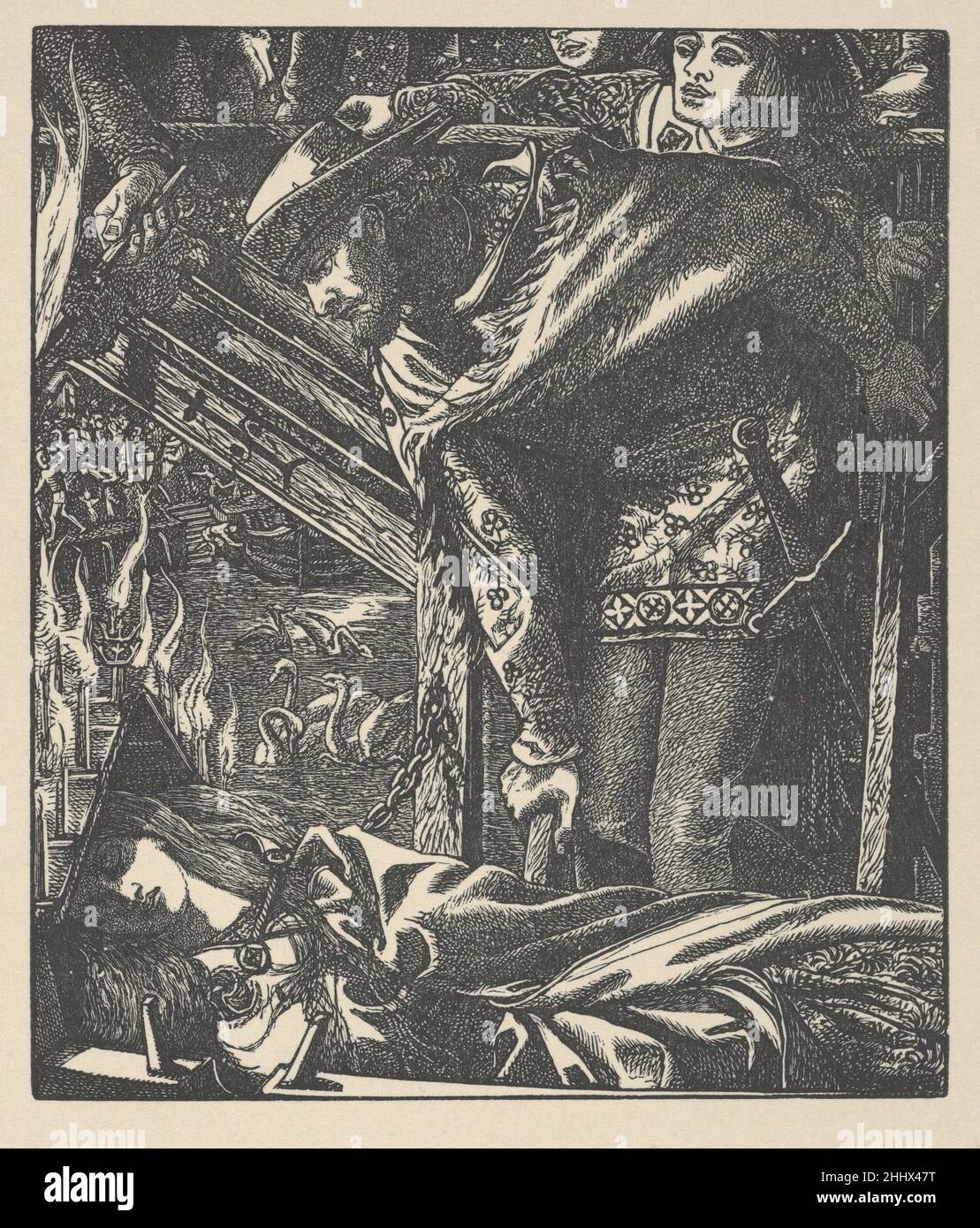 The Lady of Shalott (from Tennyson's Poems, New York, 1903) 1857–1903 After Dante Gabriel Rossetti British Rossetti’s 1857 illustrations of Tennyson—reissued here in 1903—incorporate startling effects derived from medieval and early Renaissance art. Space collapses, forms are cut off, and narrative details are inserted without concern for conventional perspective. The Lady of Shalott is a night scene dramatized by flaming candles and set on the river below Camelot. Rossetti criticized the engravers and insisted on many changes, delaying the publication.. The Lady of Shalott (from Tennyson's Po Stock Photo