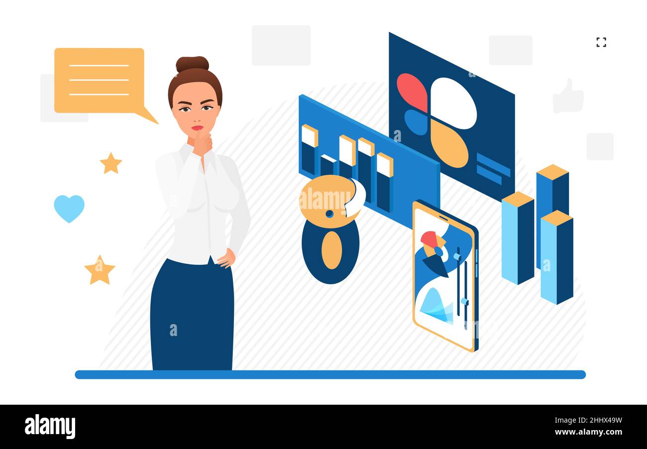 Automation of processes using artificial intelligence in business management. ai platform next to businesswoman, isometric vector image isolated Stock Vector
