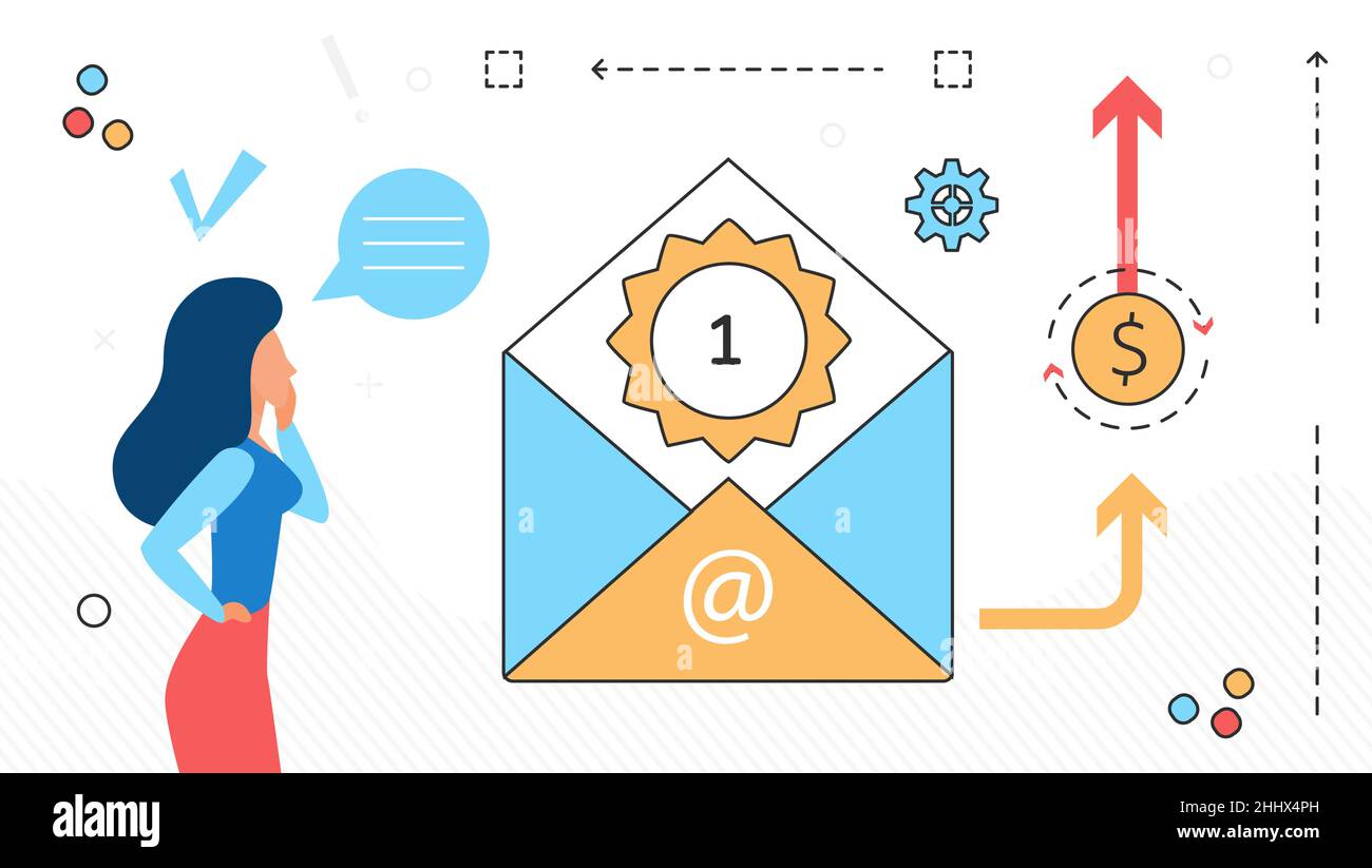 Digital marketing, woman character and email advertising line icons ...