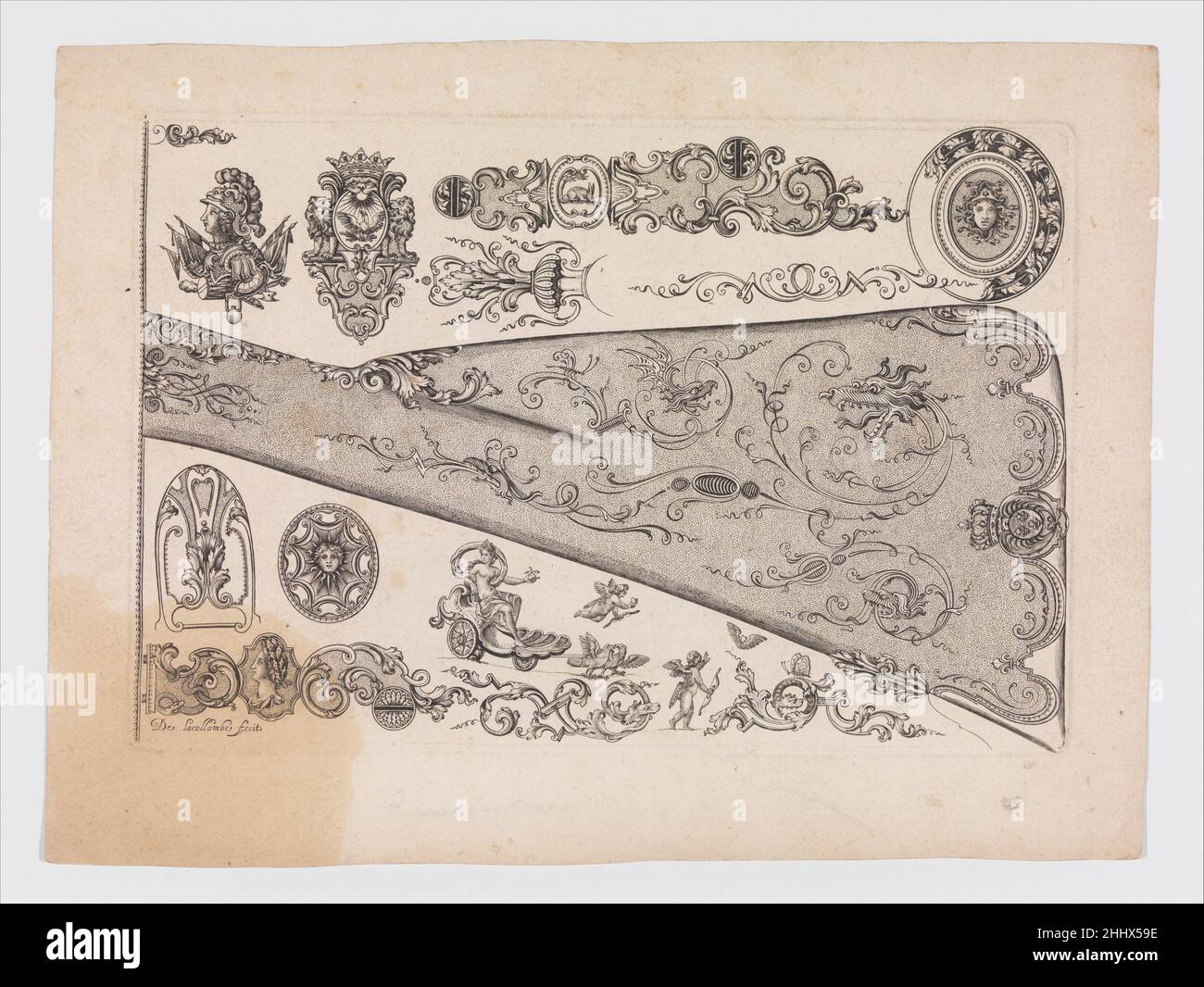 Plate seven from Nouveavx Desseins D'Arquebvseries ca. 1705–30 De Lacollombe French This print is a prime example of French designs for the decoration of firearms in the late rococo style, which set the fashion for luxury arms across Europe at the time. It was created by an enigmatic engraver known only as De Lacollombe and comes from a group that was added to after his death and then published by his better-known pupil Gilles Demarteau (1722–1776) in about 1749. Individual motifs taken from them can be seen on guns made throughout the eighteenth century in France, Germany, the Netherlands, It Stock Photo