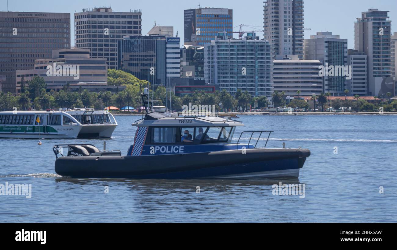 Perth Water Police and Transperth Ferry on the Swan River Stock Photo