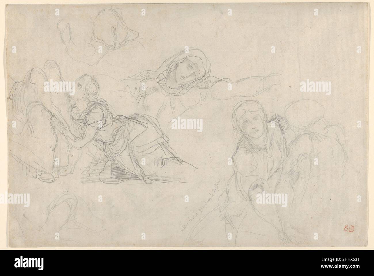 Studies of the Virgin and Holy Women for 'The Lamentation' 1842–43 Eugène Delacroix French Working in a linear mode, Delacroix here used a hard, sharp pencil to explore postures for a painting of the Lamentation in the recently built church of Saint-Denys-du-Saint-Sacrement in Paris. Rather than sketching the figures from life, he drew on his knowledge of a striking Pietà by Italian Mannerist painter Rosso Fiorentino (1530–40; Louvre). In Delacroix’s final composition, completed in just seventeen days, he reversed the orientation of the figures. After being asked to switch chapels at a late st Stock Photo