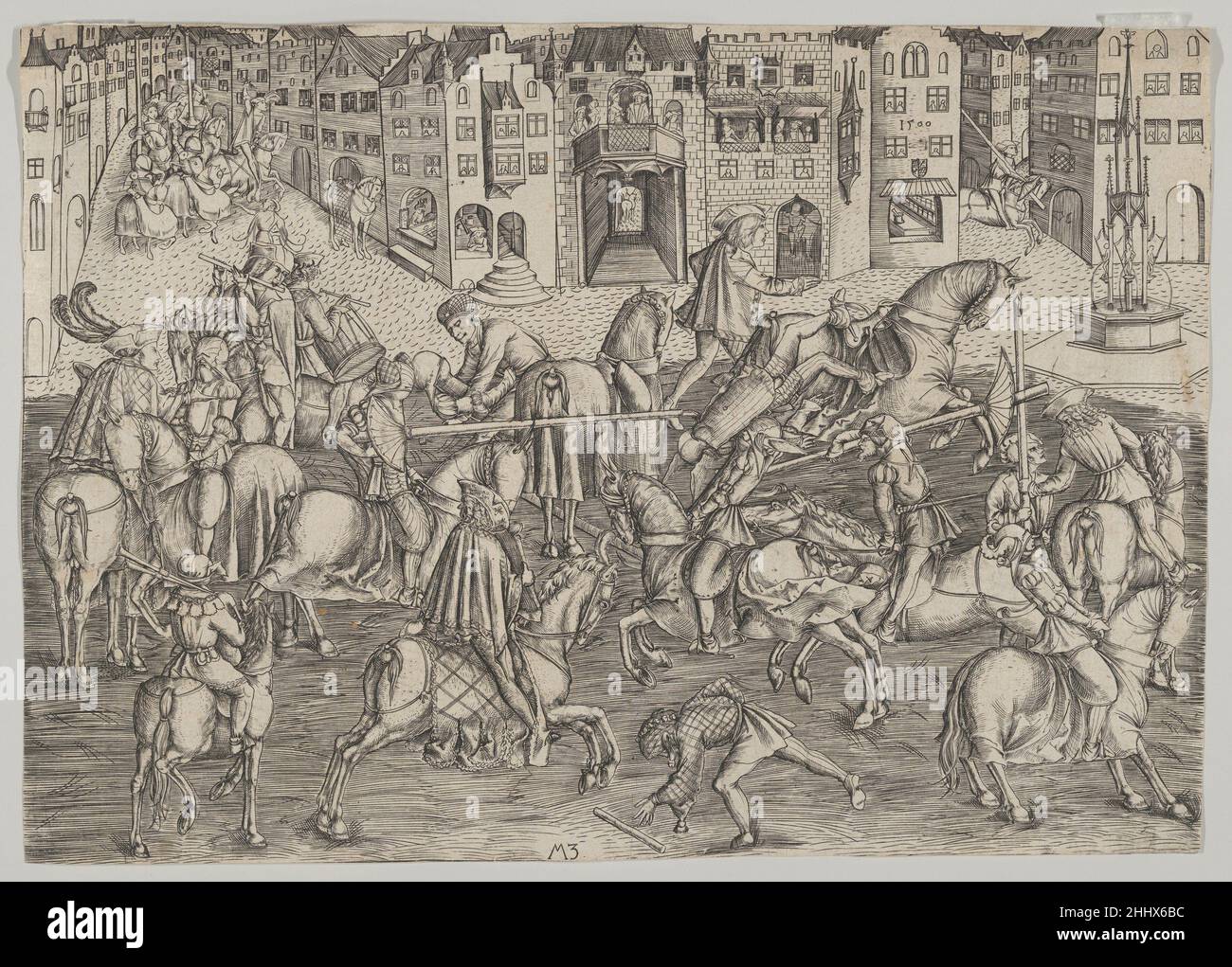 The Tournament 1500 Master MZ German This lively engraving is the earliest known print depicting a tournament. A small Bavarian coat of arms on the apothecary shop at right, below the inscribed date, suggests that the scene is set in Munich, the seat of the Bavarian court. The central figures on the balcony may be Duke Albrecht IV and his wife, Kunigunde of Austria. Charming details abound, such as the attendant straining to help a fallen knight to his feet and a spooked horse biting an unsuspecting knight from behind, sending his steed into a gallop. The identification of the engraver as the Stock Photo