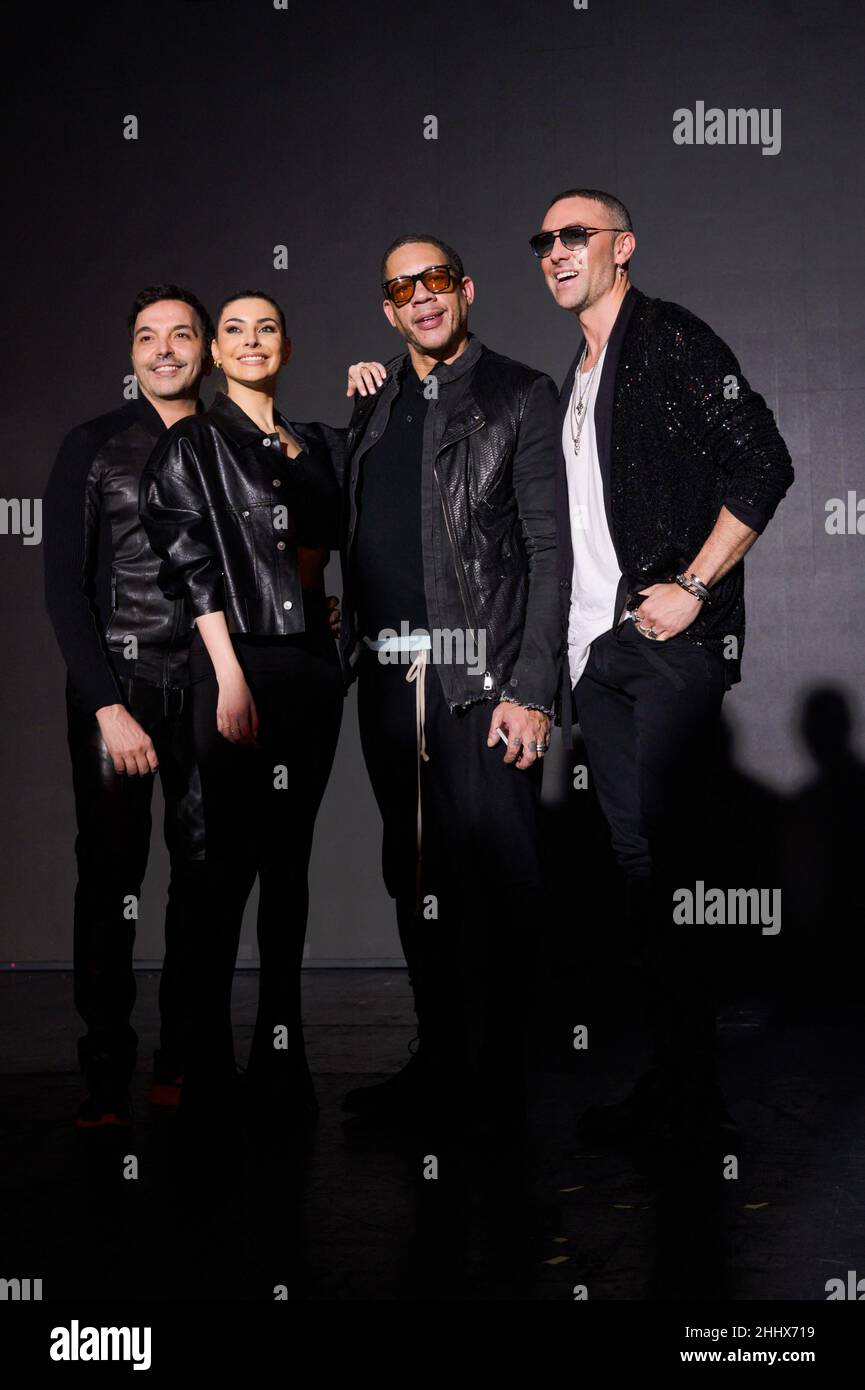 From L) Kamel Ouali, Candice Pascal, Joey Starr and Maxime Dereymez pose  after the On Aura Tout Vu Haute Couture Spring/Summer 2022 show as part of  Paris Fashion Week at Paradis Latin