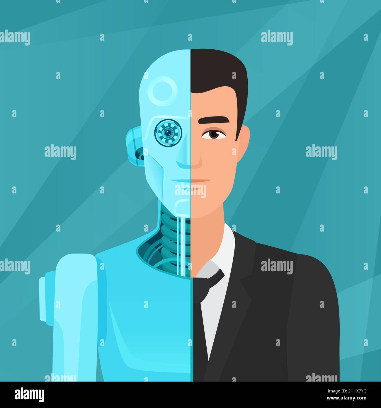 Half cyborg, half human man businessman in suit vector illustration Stock Vector