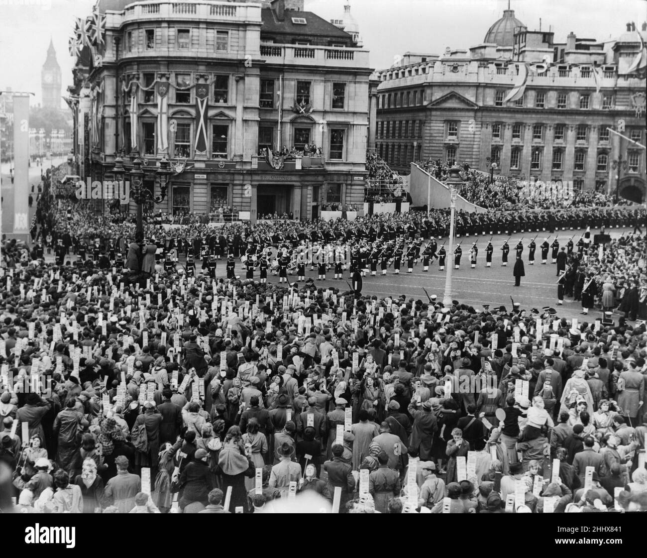 Band of the Royal Navy make their way through Trafalgar Square before the start of the Coronation Procession. 2nd June 1953 Stock Photo