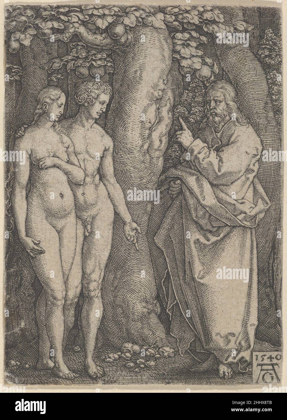 God Forbidding Adam and Eve to Eat from the Tree of Knowledge, from The Story of Adam and Eve 1540 Heinrich Aldegrever German God, at right, addresses Adam and Eve, who stand together at left. Based on Genesis 2:16-17. Plate 2 from a series of six engravings.. God Forbidding Adam and Eve to Eat from the Tree of Knowledge, from The Story of Adam and Eve  428302 Stock Photo