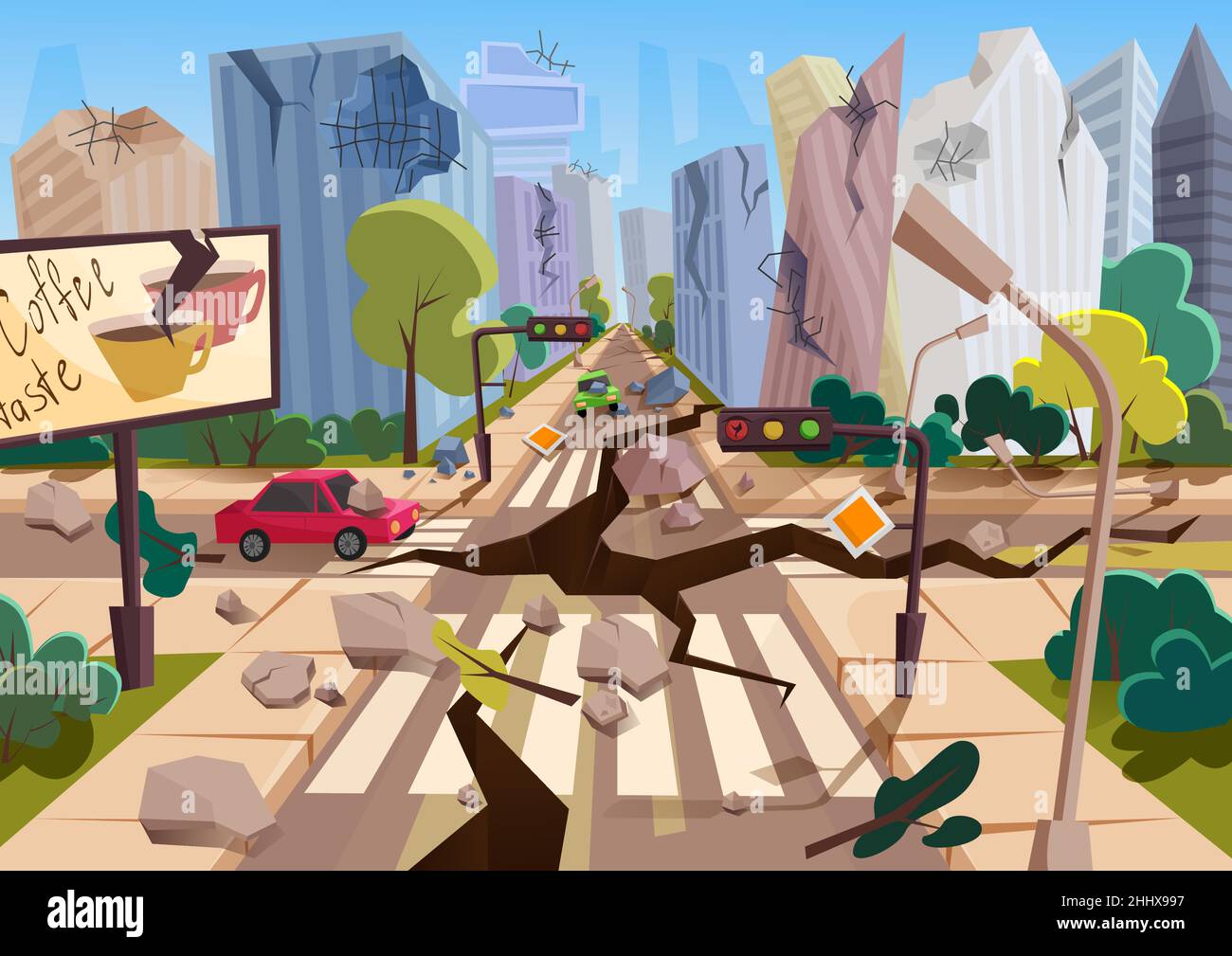 Realistic earthquake with ground crevices in cartoon ruined urban city houses with cracks and damages. Natural disaster or cataclysm, nature catastrop Stock Vector