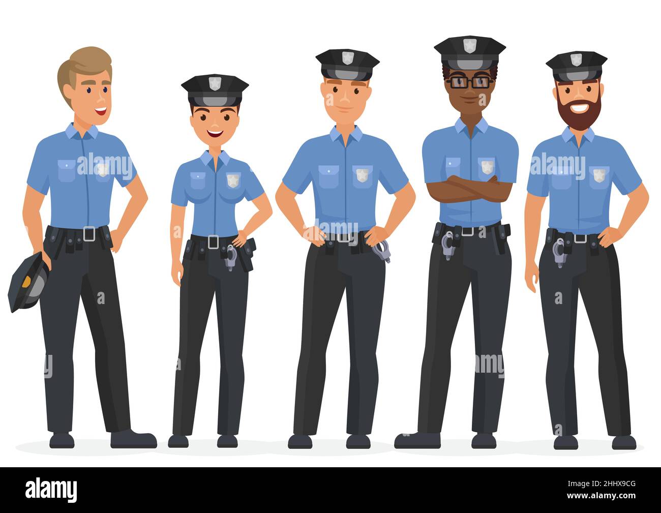 Group of cartoon security police officers. Woman and man police cops vector characters Stock Vector